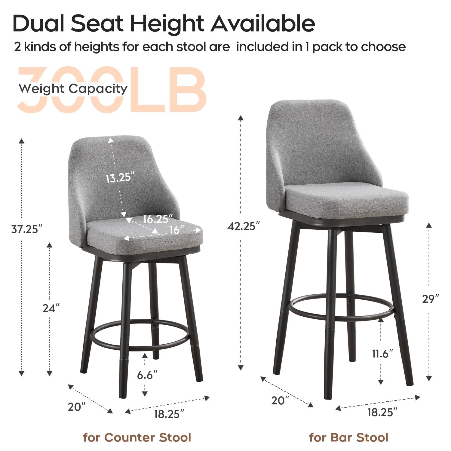 ELIASER Bar Stools Set of 2,Counter Height Barstools Swivel Chair for Kitchen Counter with Back Upholstered Linen Foam Cushion,Metal Leg 29 Inch and 24 Inch Gray