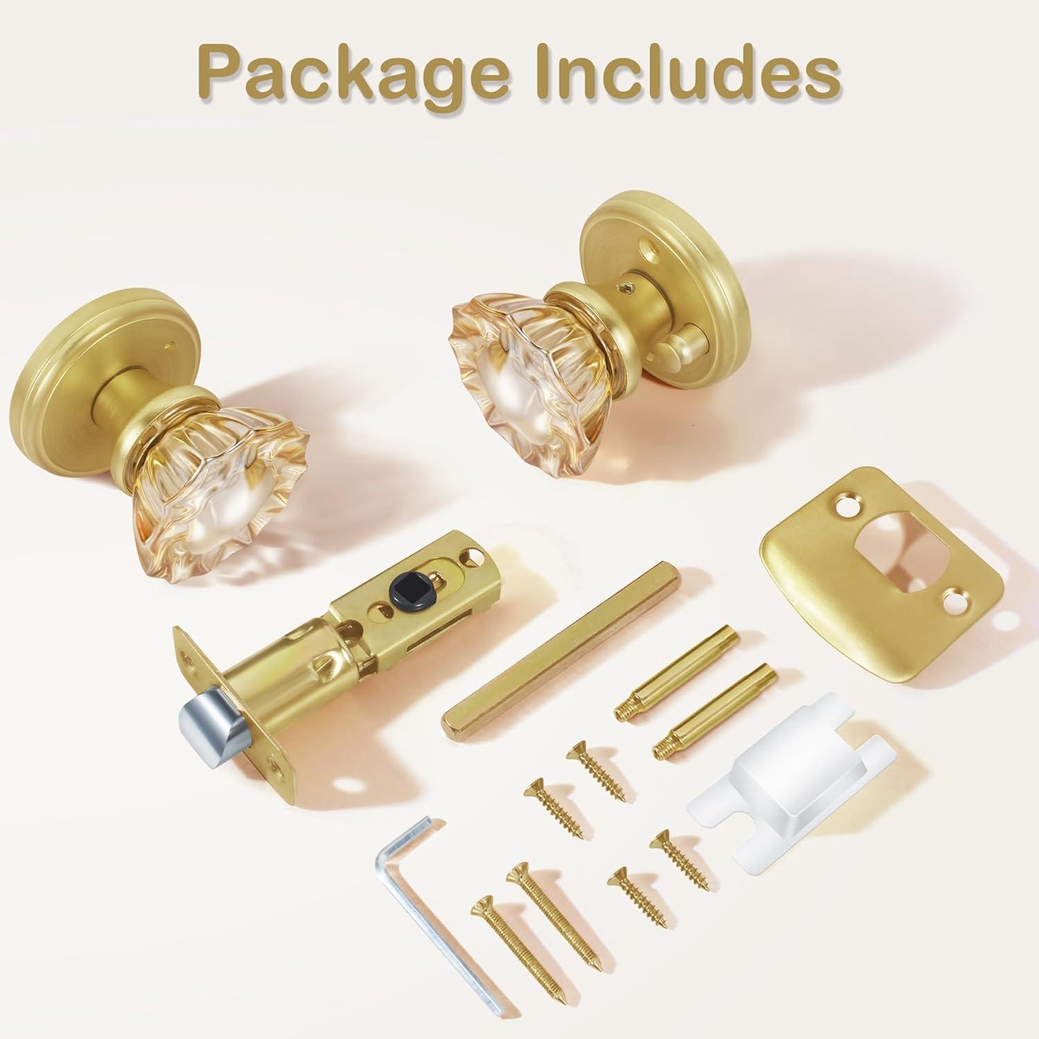 Champagne Glass Door Knobs,Privacy Crystal Door Knobs Interior Satin Brass/Brushed Gold Door Knob with Lock
