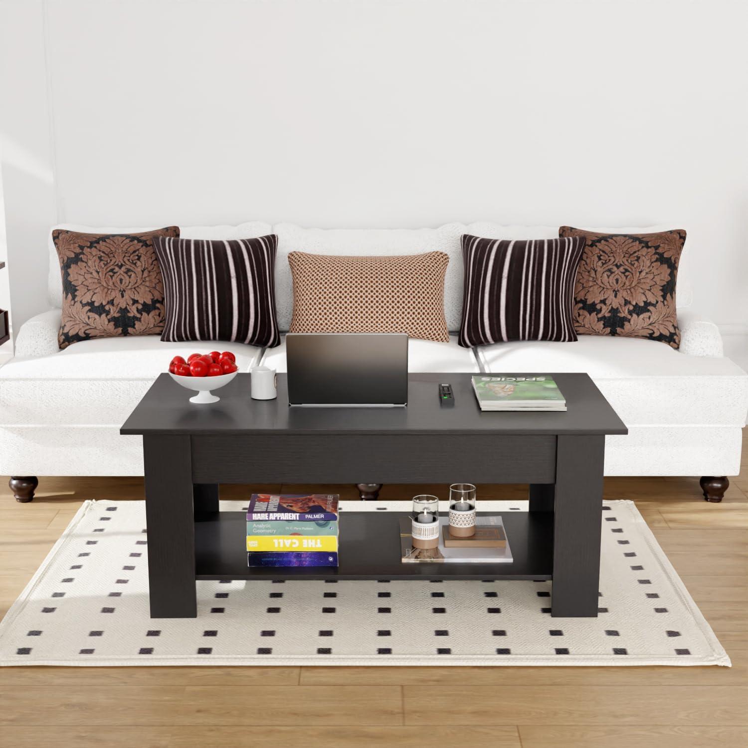 FDW Coffee Table Lift Top Coffee Tables with Hidden Compartment and Storage Shelf Wooden Lift Tabletop Dining Table for Living Room Home (Black)