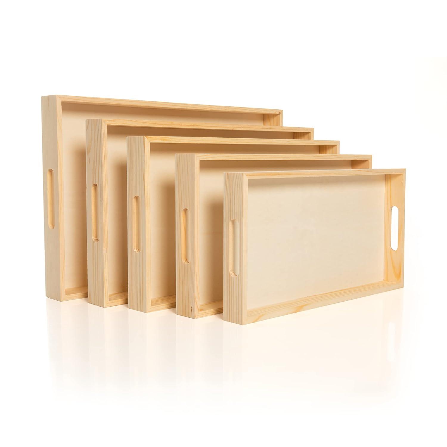 Natural Wood Rectangular Nested Serving Trays with Handles, Set of 5