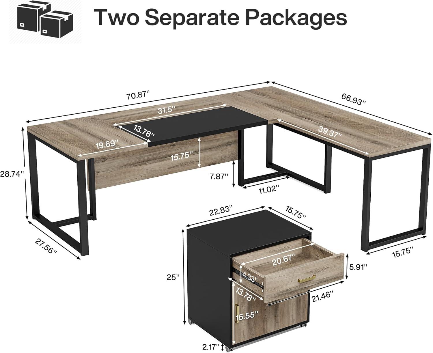 Tribesigns 70.8" Executive Desk with 55" File Cabinet, Industrial L Shaped Computer Desk, Large Executive Desk for Home Office, Walnut & White