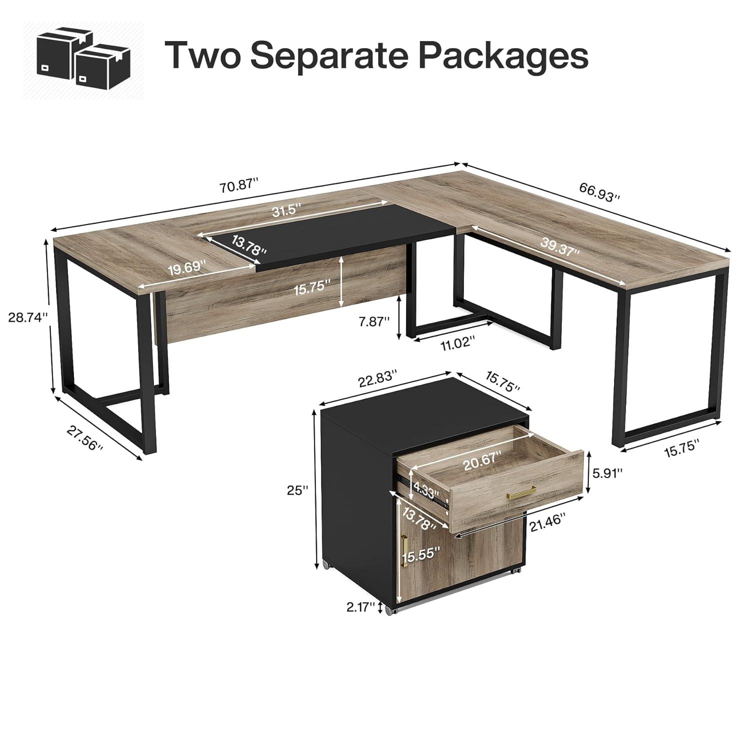 Tribesigns 70.8" Executive Desk with 55" File Cabinet, Industrial L Shaped Computer Desk, Large Executive Desk for Home Office, Walnut & White