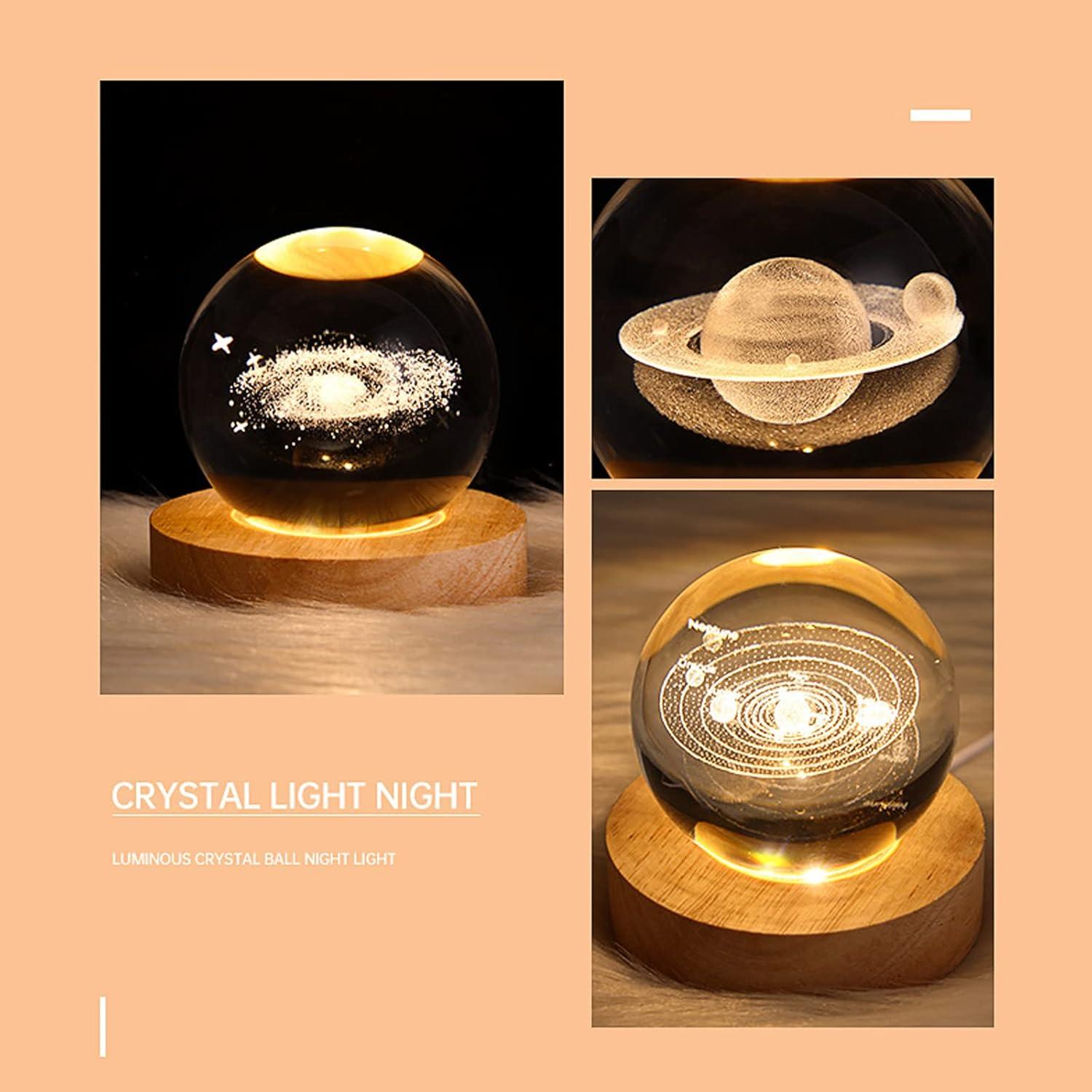 Saturn Crystal Ball, 2.4 inch(6cm) LED Solar System Crystal Glass Sphere Lamp with Wooden Base, Decorative Glass Ball Saturn Planet Model Decor Space Universe Gifts for Men, Friends and Girls