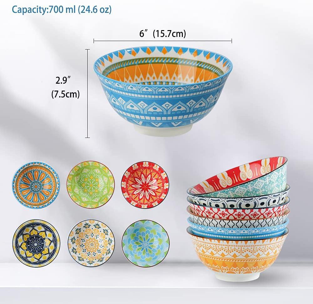 AHX 6 Pack Porcelain Cereal Bowls, 23oz Colorful Salad Soup Bowl,6.25-inch Round Ceramic Serving Bowl Set