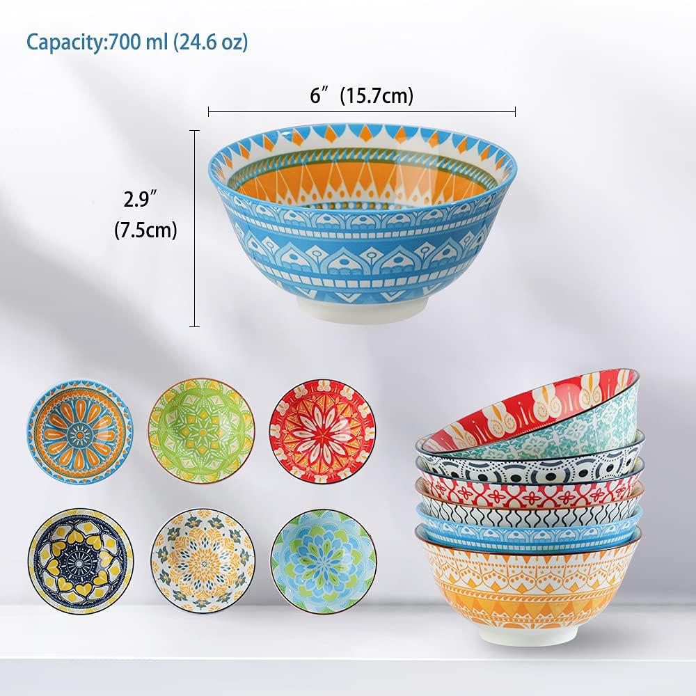 AHX 6 Pack Porcelain Cereal Bowls, 23oz Colorful Salad Soup Bowl,6.25-inch Round Ceramic Serving Bowl Set