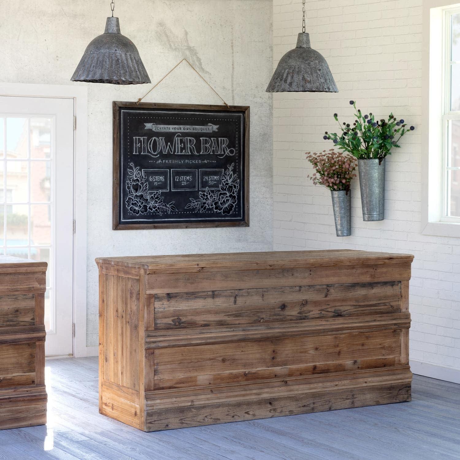 Reclaimed Pine Wood Straight Bar Counter with Metal Shelf