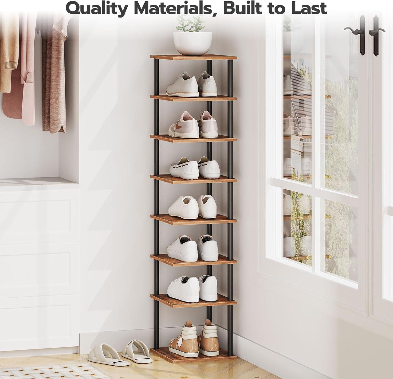 8 Tiers Vertical Shoe Rack, Wooden Shoe Storage Organizer with Hooks, Narrow Shoe Tower for 8 Pairs, Space Saving, for Entryway, Living Room, Bedroom, Rustic Brown BF07XJ01G1