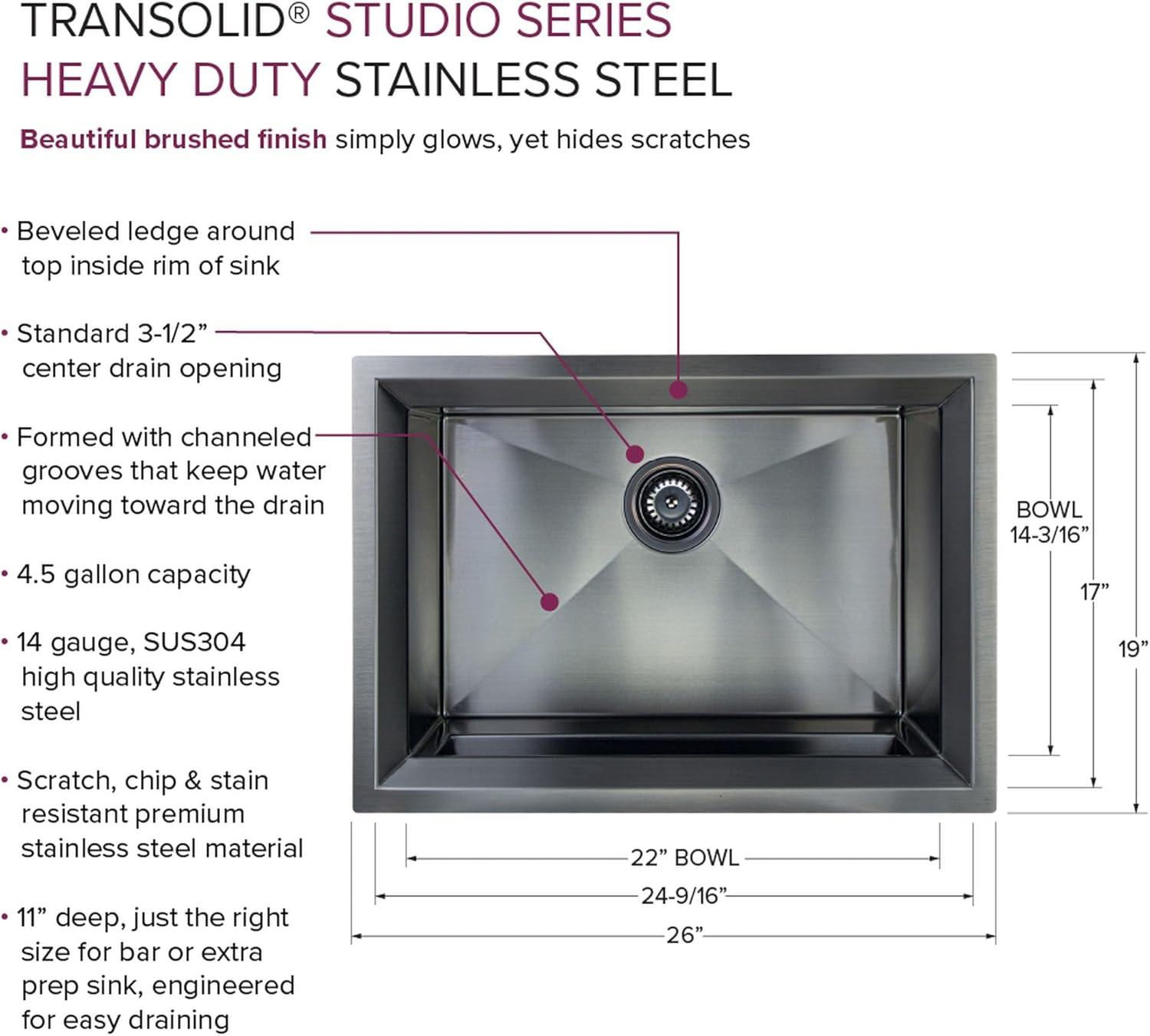 Transolid Studio 26-in x 19-in x 11-in Undermount Stainless Kitchen Sink, SinkPocket, Grid, Strainer