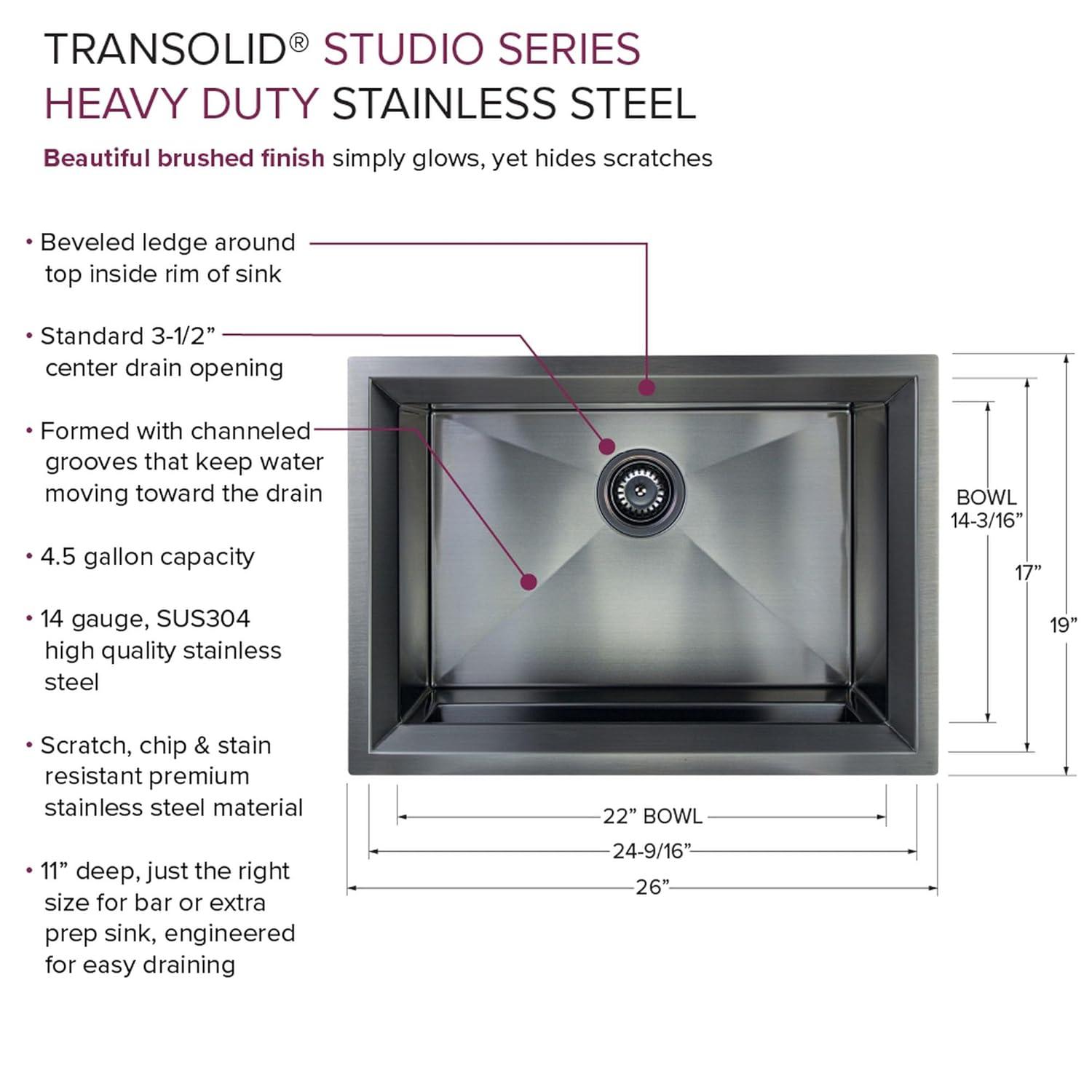 Transolid Studio 26-in x 19-in x 11-in Undermount Stainless Kitchen Sink, SinkPocket, Grid, Strainer
