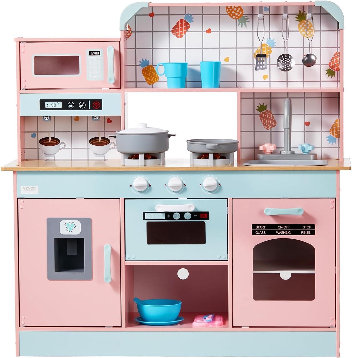 Pink Wooden Play Kitchen with Lights and Sounds