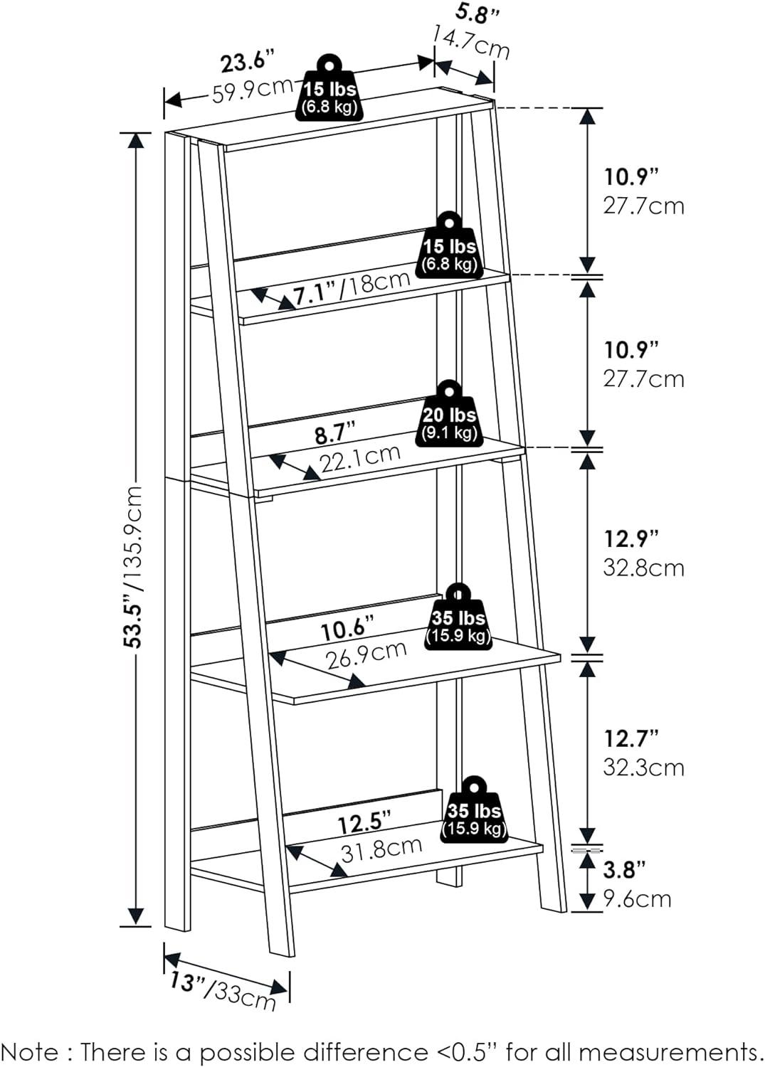 Furinno Ladder Bookcase Display Shelf, 5-Tier, White