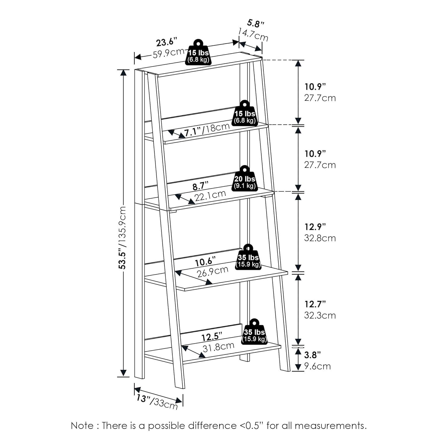 Furinno Ladder Bookcase Display Shelf, 5-Tier, White