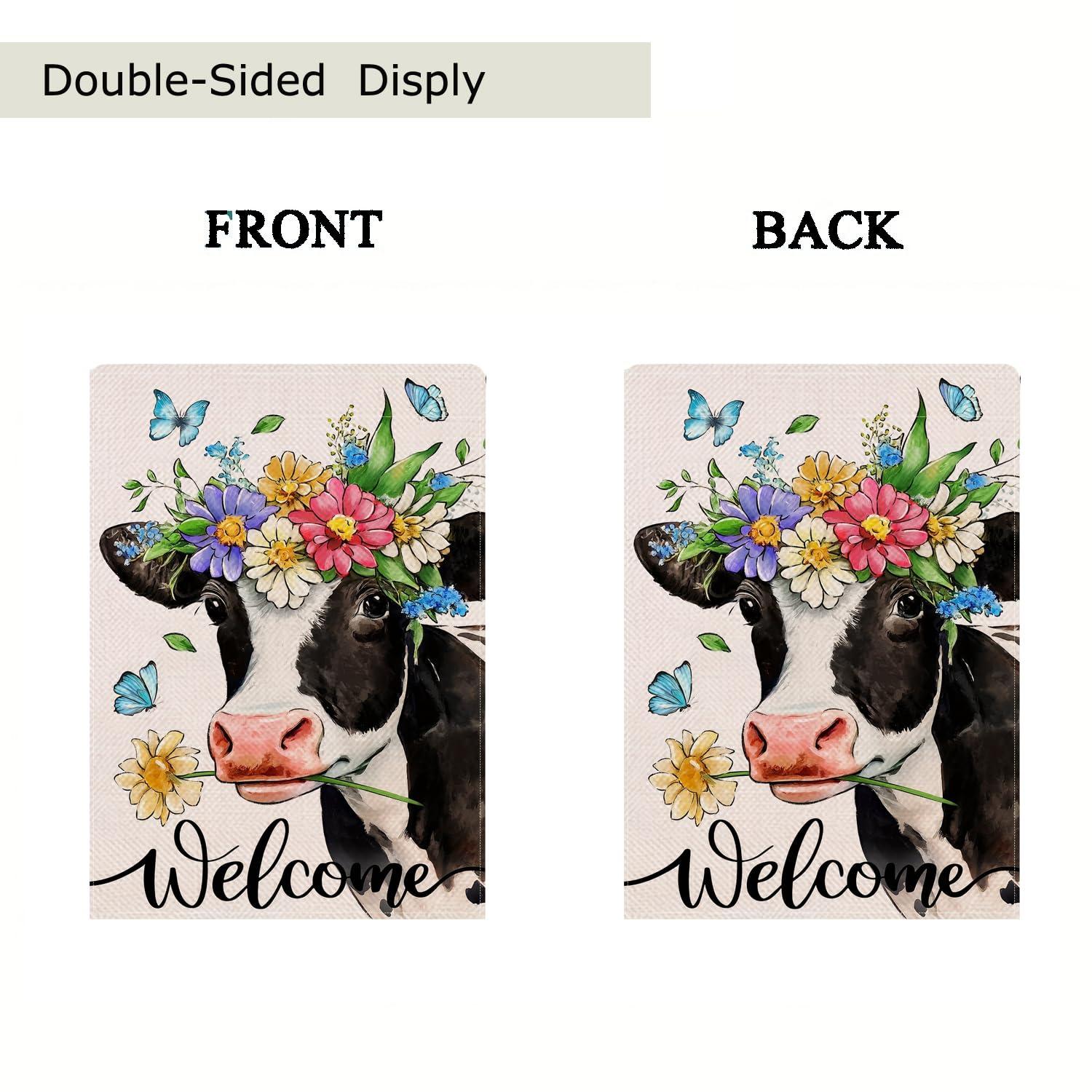 Spring Welcome Cow Garden Flag 12 x 18 inch Double Sided Outside decorations,Funny Cute Animal Flower Butterfly Small Garden Flags For Outdoor Yard Lawn