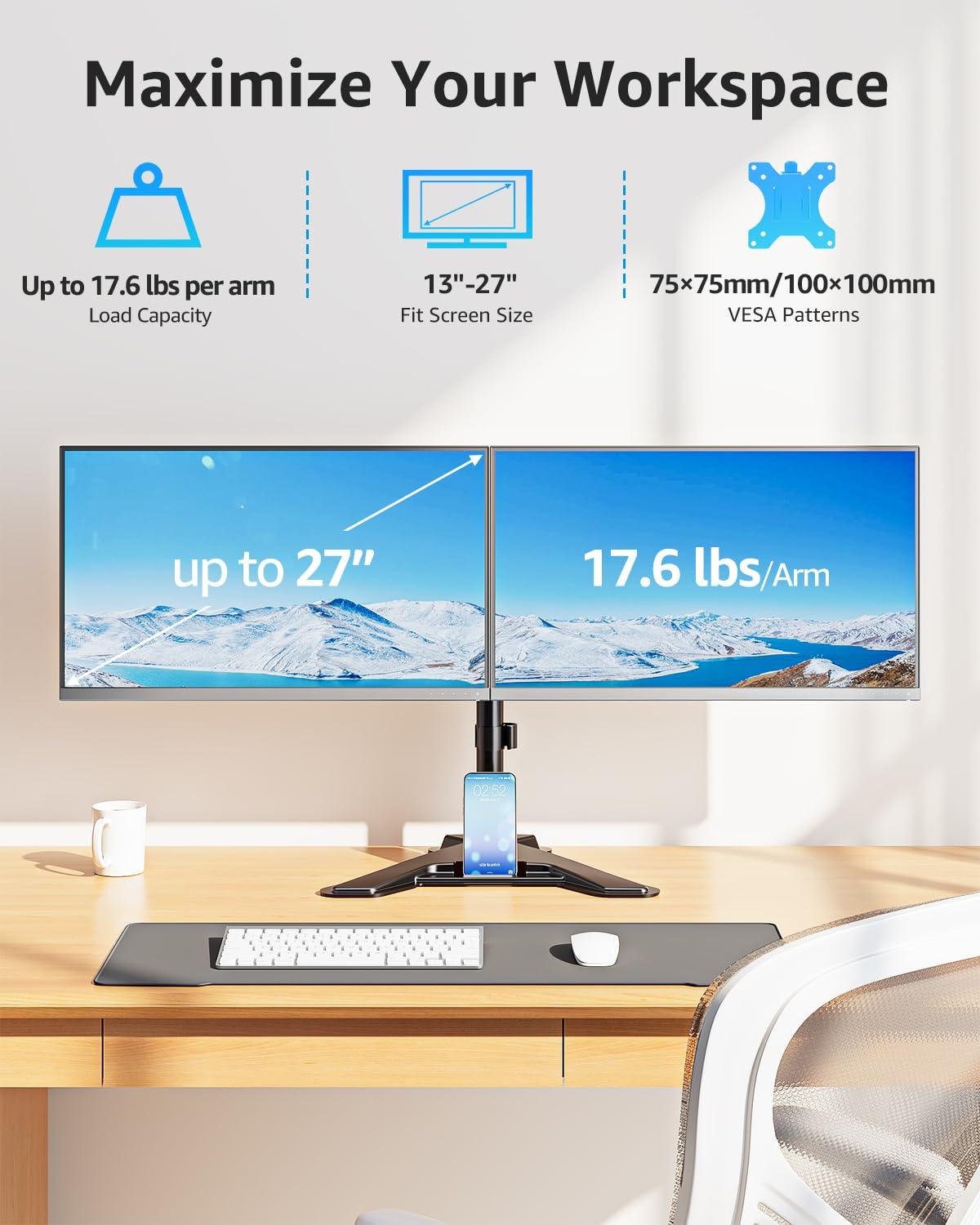 MOUNTUP Dual Monitor Stand - Freestanding & Height Adjustable Monitor Desk Mount, Steady VESA Mount Holds Max 17.6 lbs, Computer Monitor Stand for 2 Screens up to 27 inches, MU1002