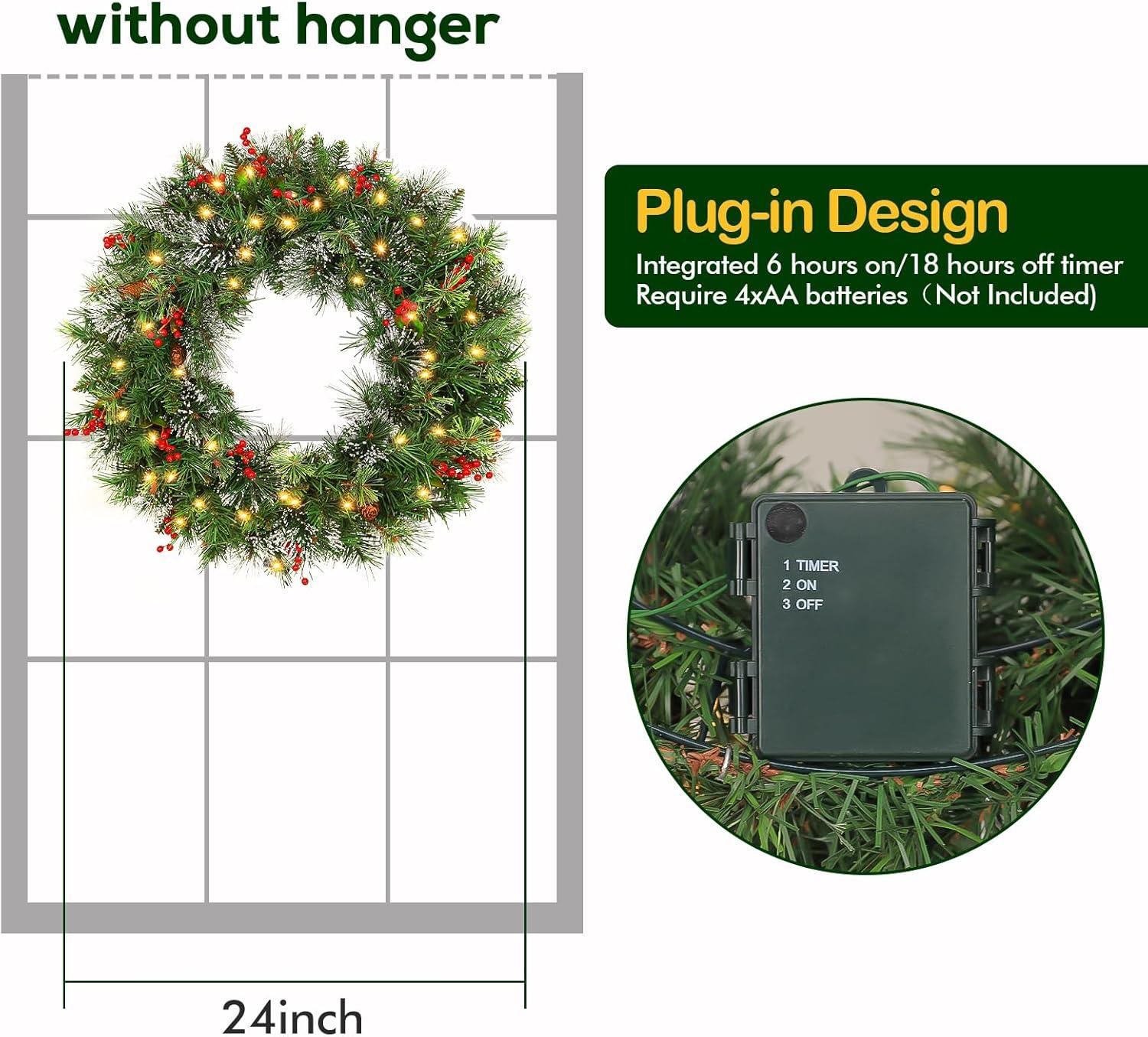 💐 Wreath door hanger 24" Pre-Lit Artificial Christmas Wreaths for Front Door Decorated with Pine Cones, Red Berries, Frosted Branches, 50 LED Lights for Indoor Outdoor Christmas Decorations