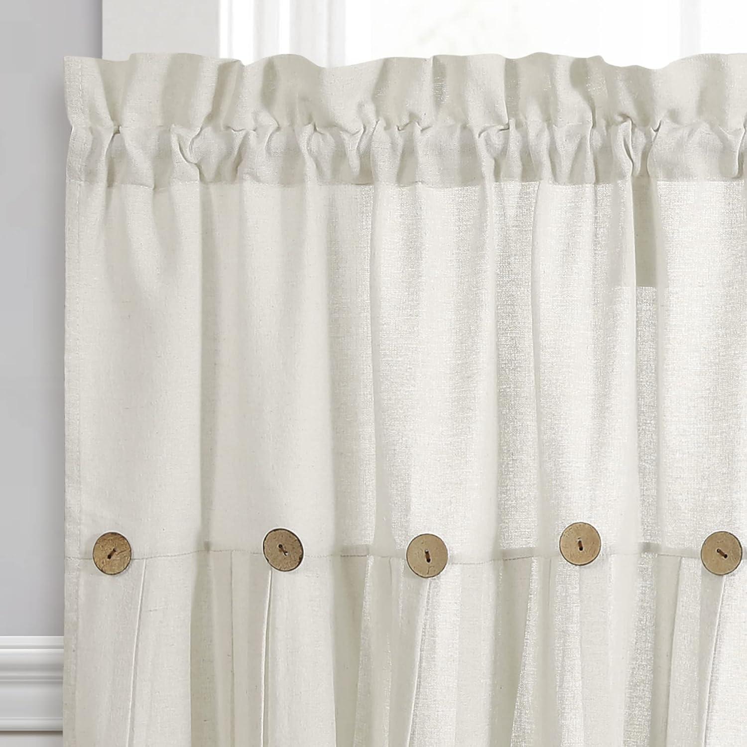 Set of 2 (36"x29") Farmhouse Linen Button Kitchen Curtain Tiers Off White - Lush Décor: Solid Cotton & Linen Rod Pocket