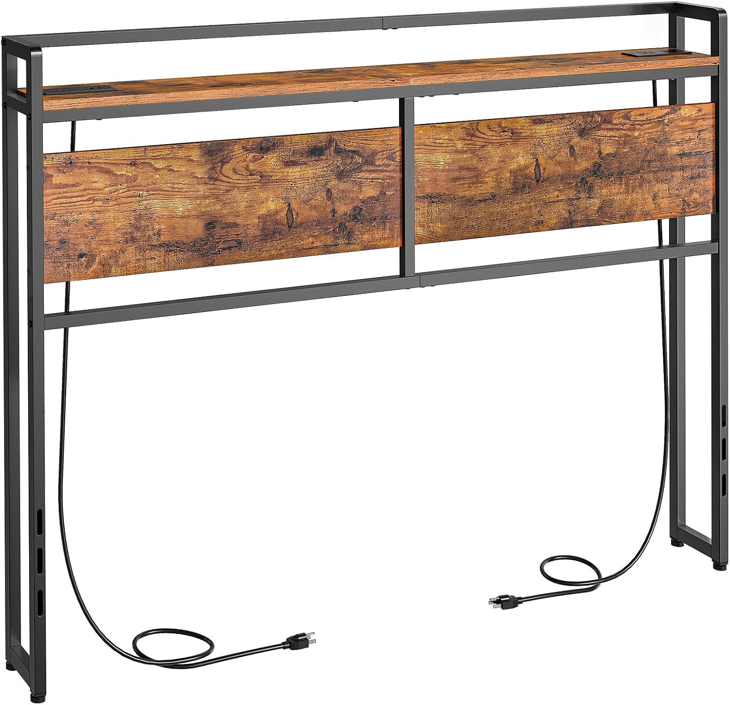 Full Size Headboard, Headboard with 2 Outlets, LED Lights and USB Ports, Adjustable Height, Storage Rack, Sturdy and Stable, Easy Assembly