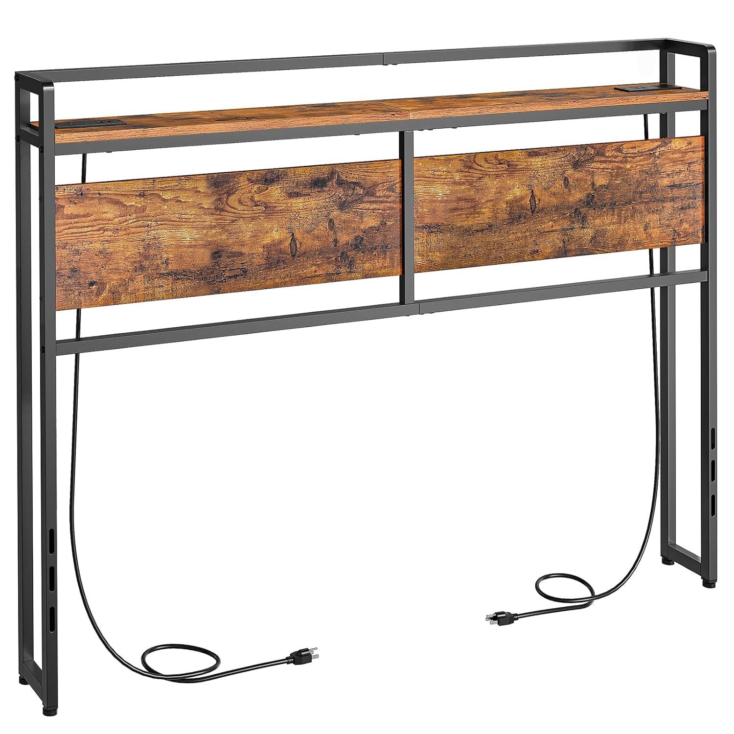 Full Size Headboard, Headboard with 2 Outlets, LED Lights and USB Ports, Adjustable Height, Storage Rack, Sturdy and Stable, Easy Assembly