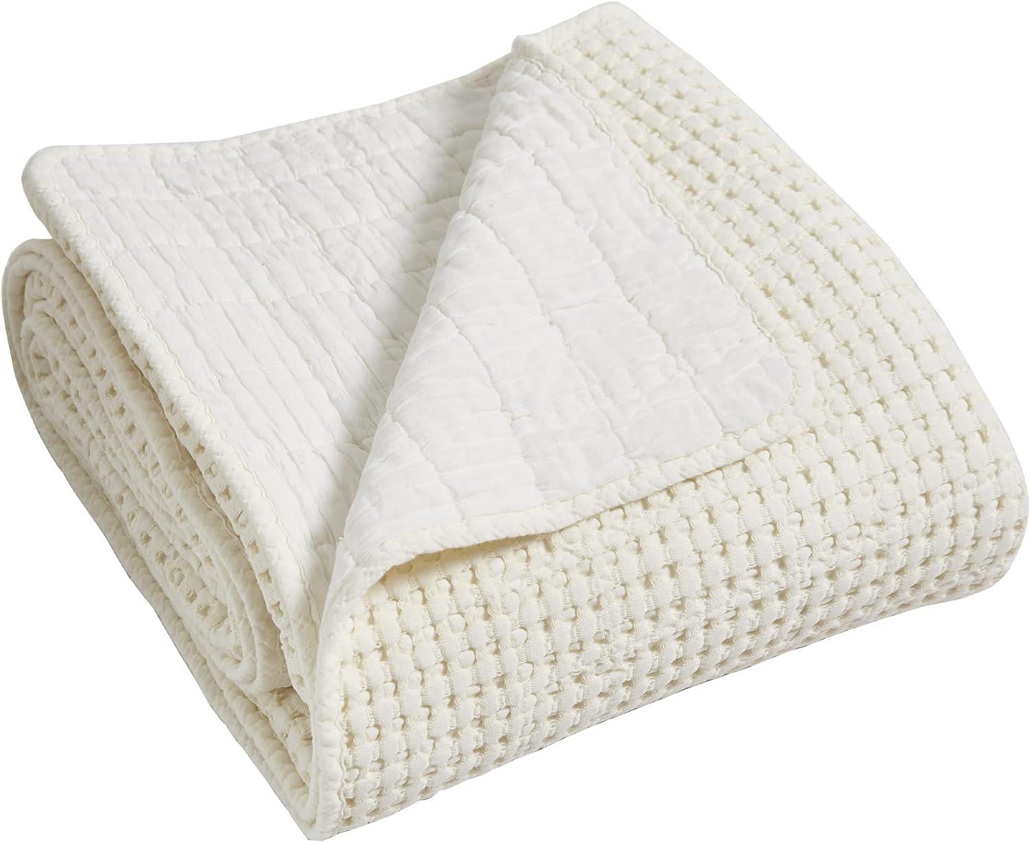 Luxurious Cream Cotton Waffle Full Bedspread Set with Reversible Microfiber