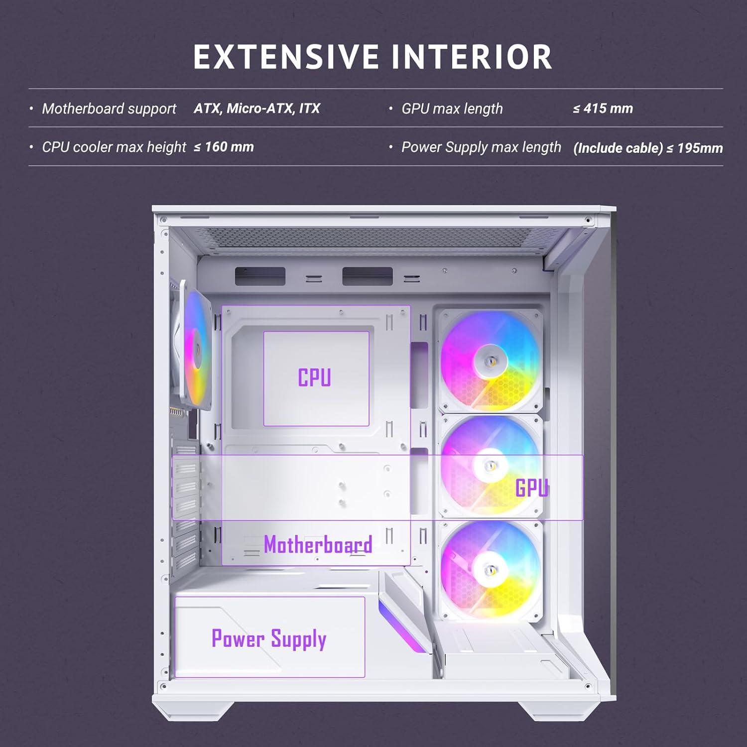 Antec C3 ARGB White, 3 x 120mm & 1 x 120mm ARGB PWM Fans Included, Up to 8 Fans Simultaneously, Type-C 3.2 Gen 2 port, Seamless Tempered Glass Front & Side Panels, 360mm Radiator Support, Mid-Tower AT