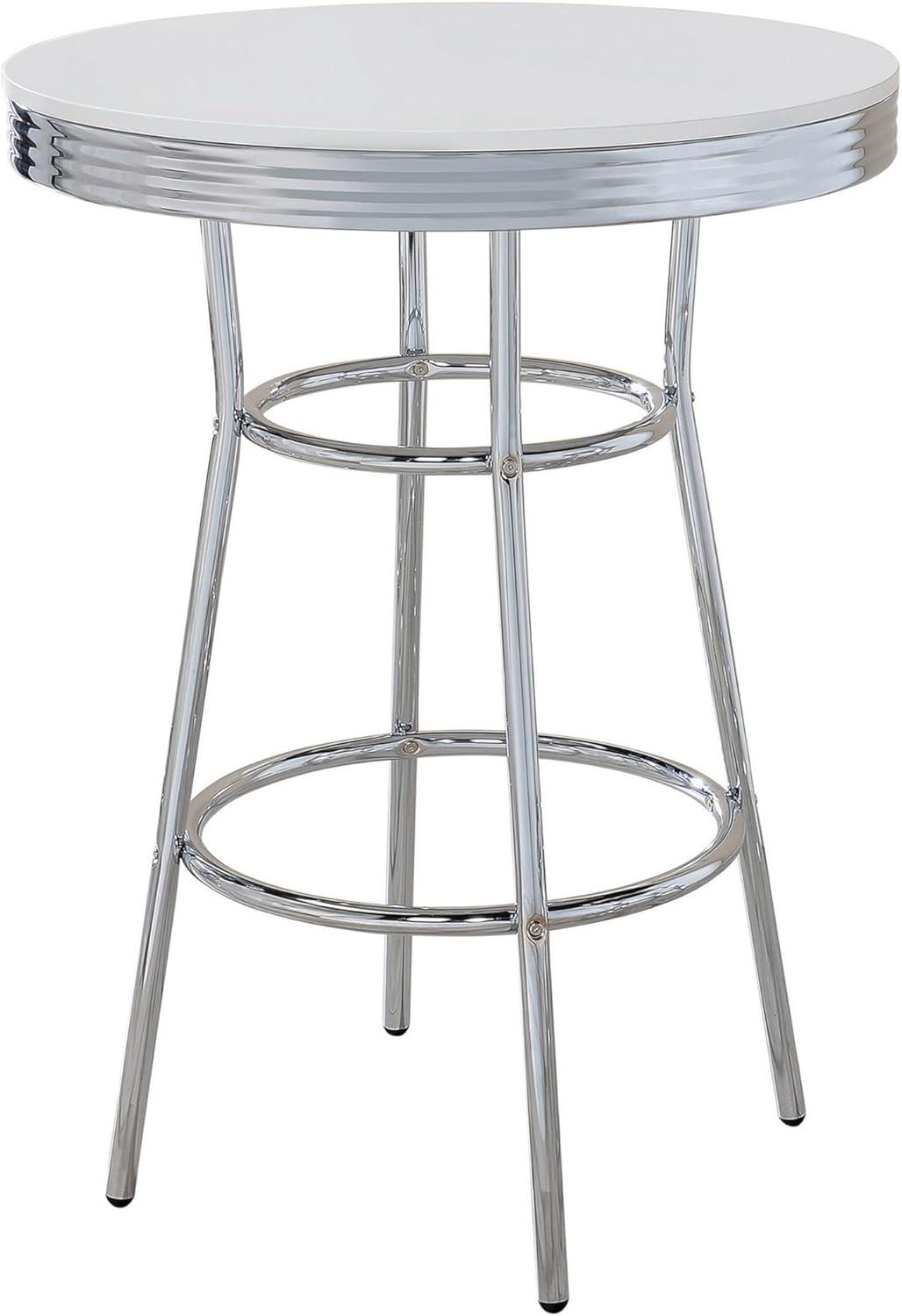 Glossy White and Chrome Round Bar Height Table with Ribbed Apron