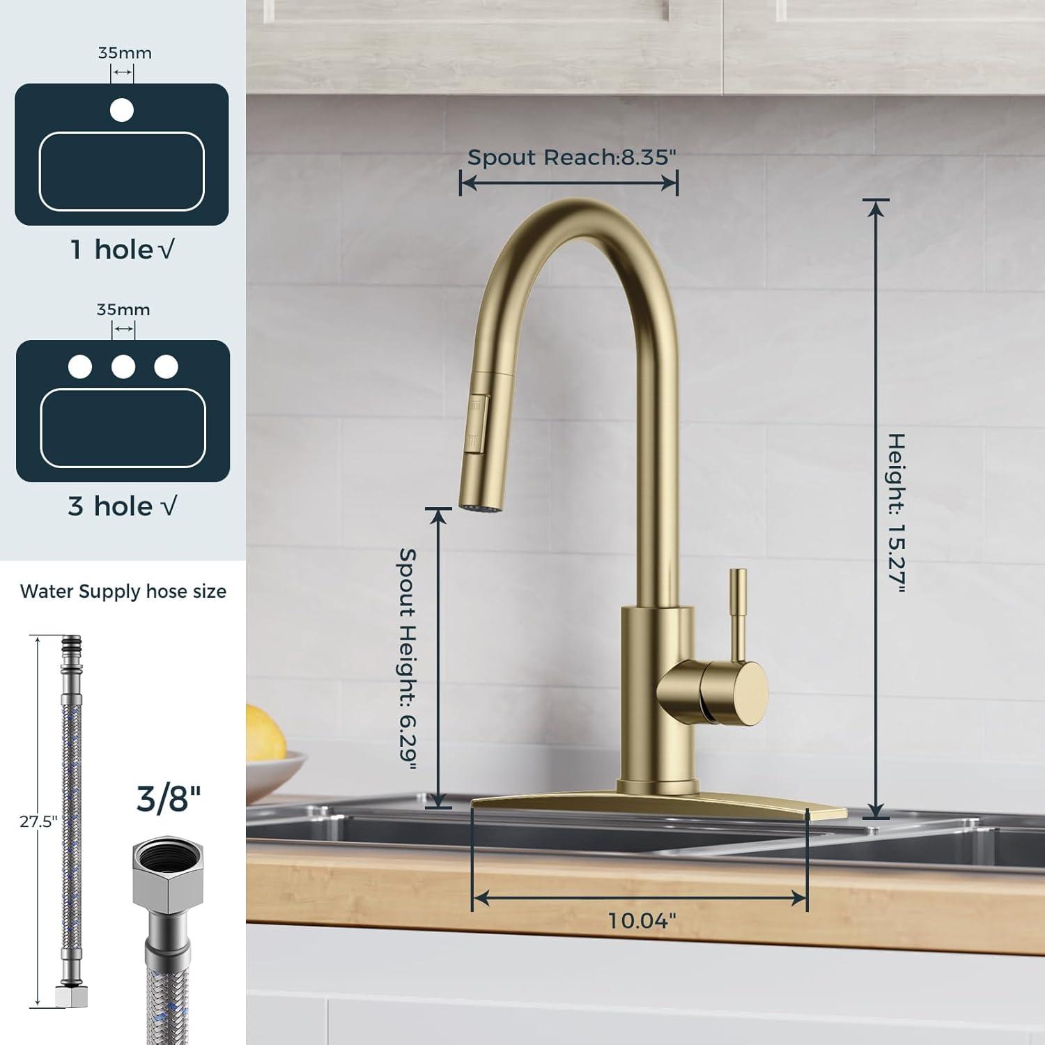 Kitchen Faucet Single Handle Stainless Steel Kitchen Sink Faucet with Pull Out Sprayer Brushed Gold Sprayer and Handle