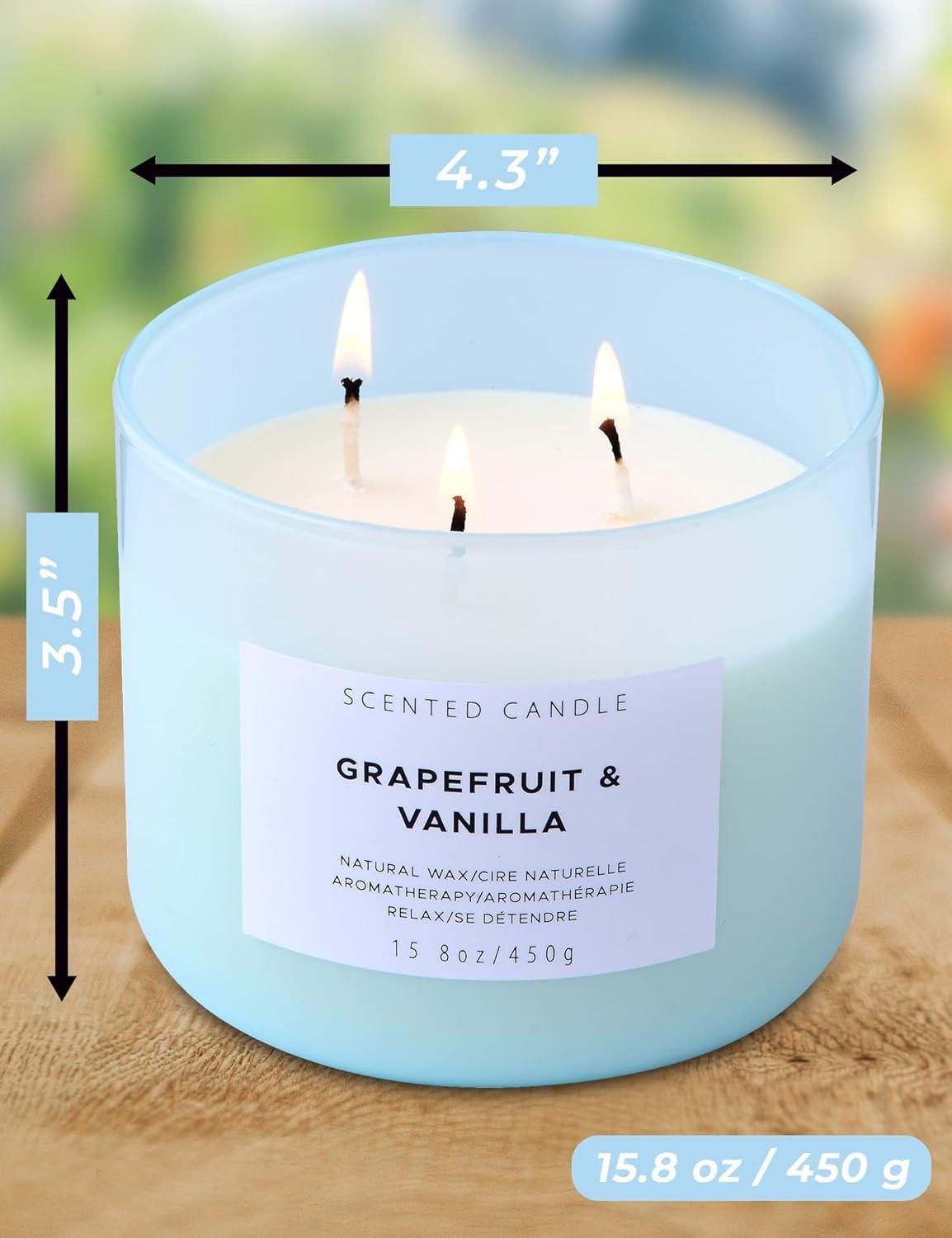 Grapefruit Vanilla Aromatherapy Candle 3 Wick Large Soy Scented Candles for Men and Women 15.8 Oz