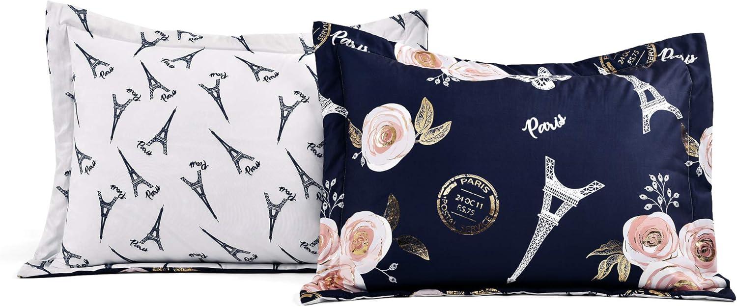 Lush Decor Vintage Paris Rose Butterfly Script Microfiber Reversible 7 Piece Comforter Set