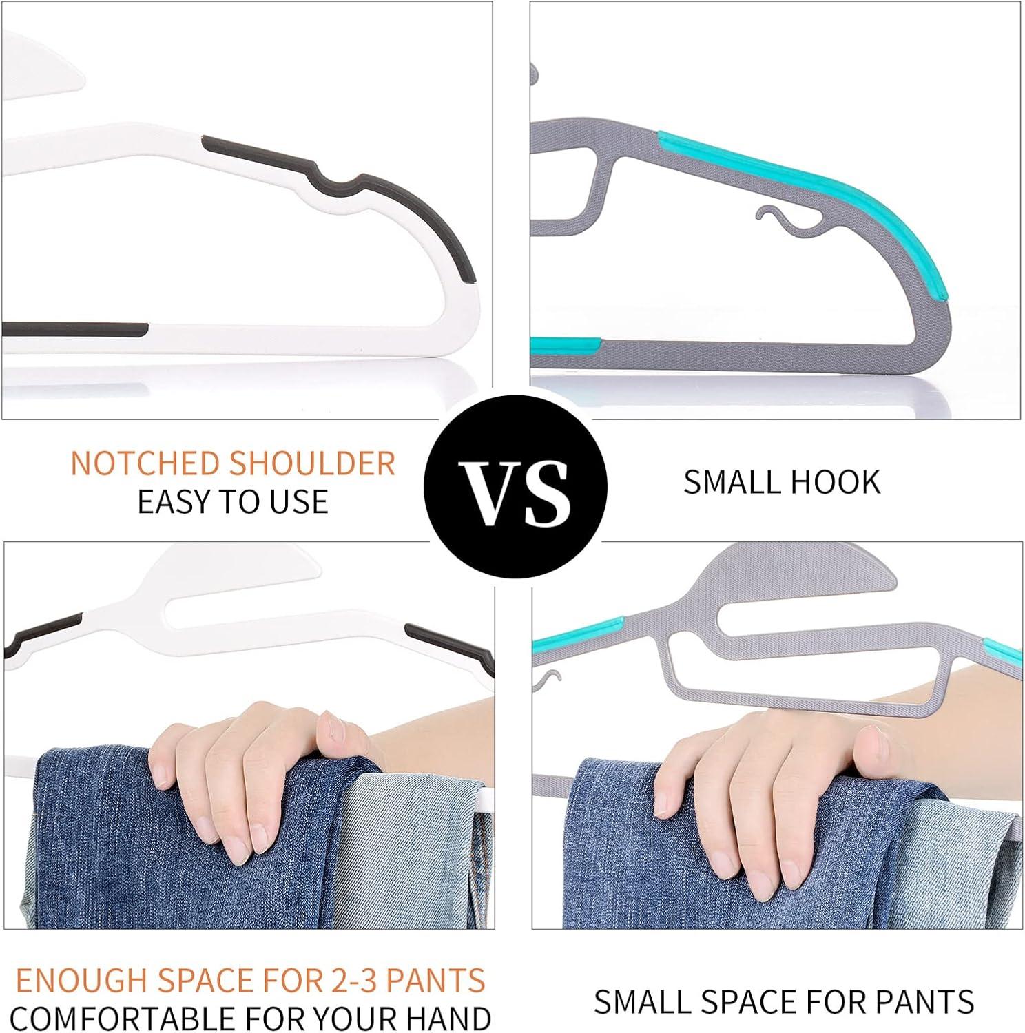 50PK Coat Hangers Non Slip - Space Saving Plastic Clothes Hangers, Slim Pant Hangers, U-Slide, Heavy Duty, 360°Swivel Hook, White