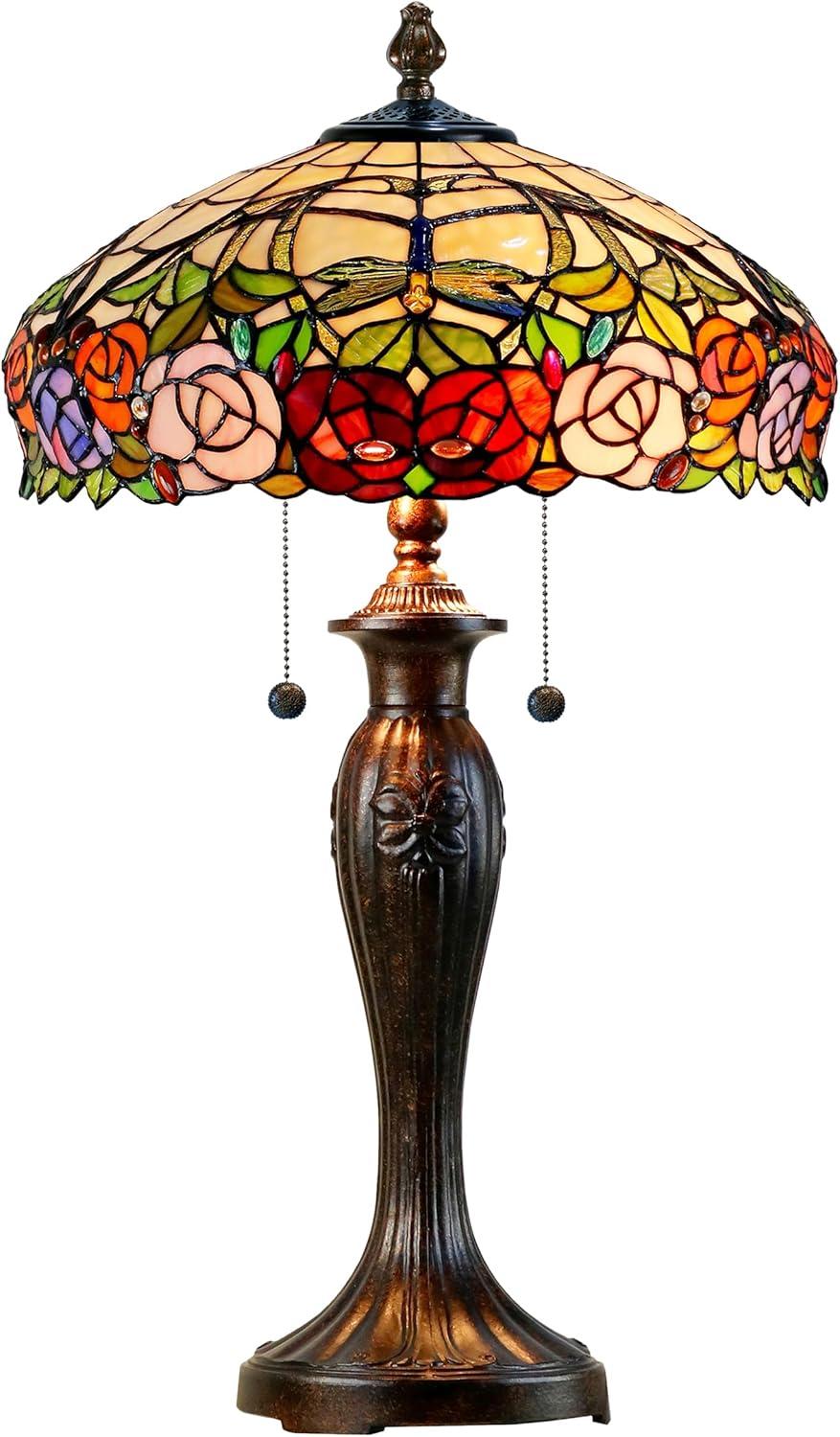 Zenia Rose Stained Glass Table Lamp with Fieldstone Base