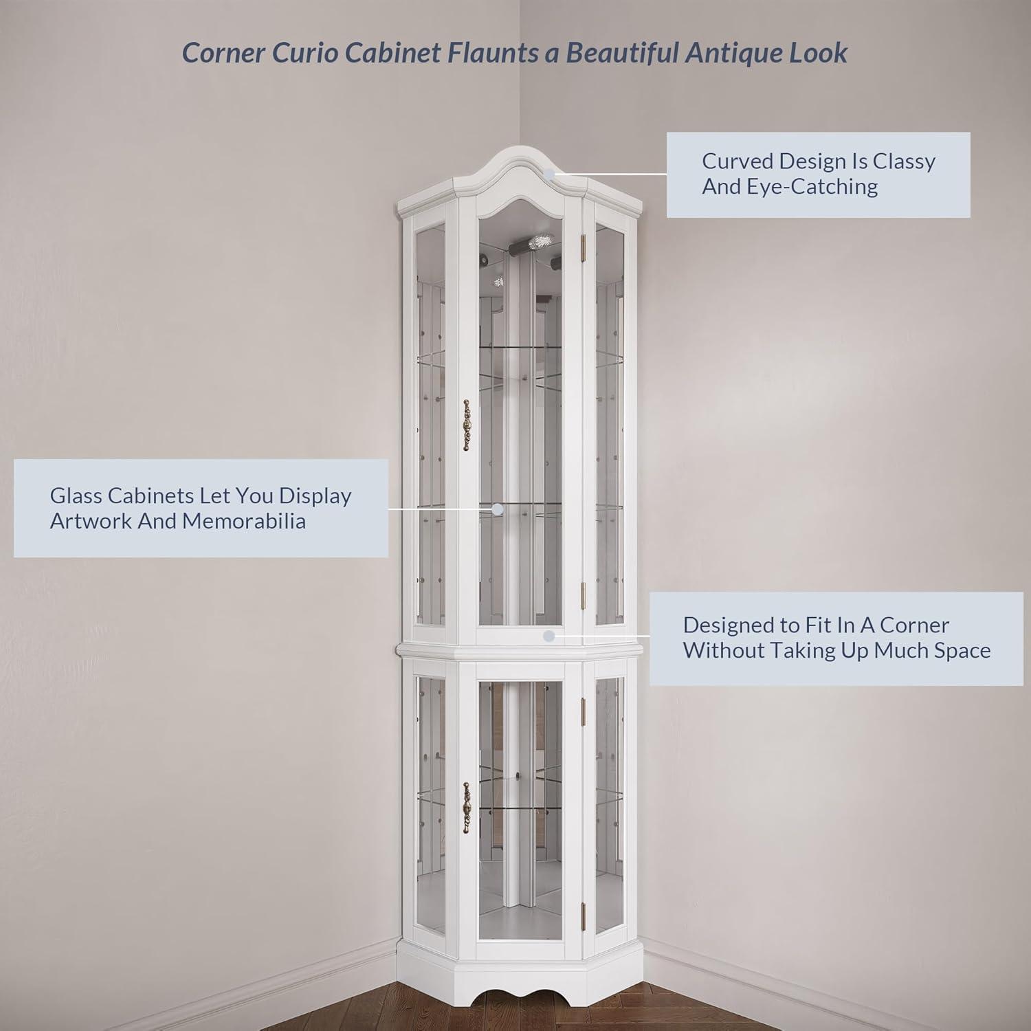 BELLEZE Lighted 3-Side Glass Display Curio Cabinet w/ Tempered Glass Doors and Shelves, Curved Wood Corner Cabinet with Bulb, Corner Storage Decoration Rack for Living room & Bedroom Loraine (White)