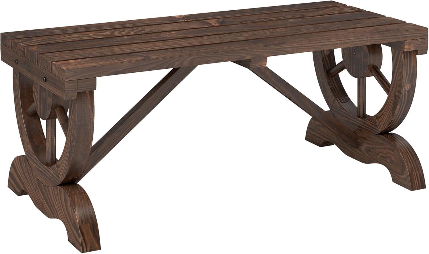 Outsunny 2-Person Wooden Garden Bench, Outdoor Wagon Wheel Porch Bench for Backyard Garden, Support 550 LBS, Rustic Country Style, Brown