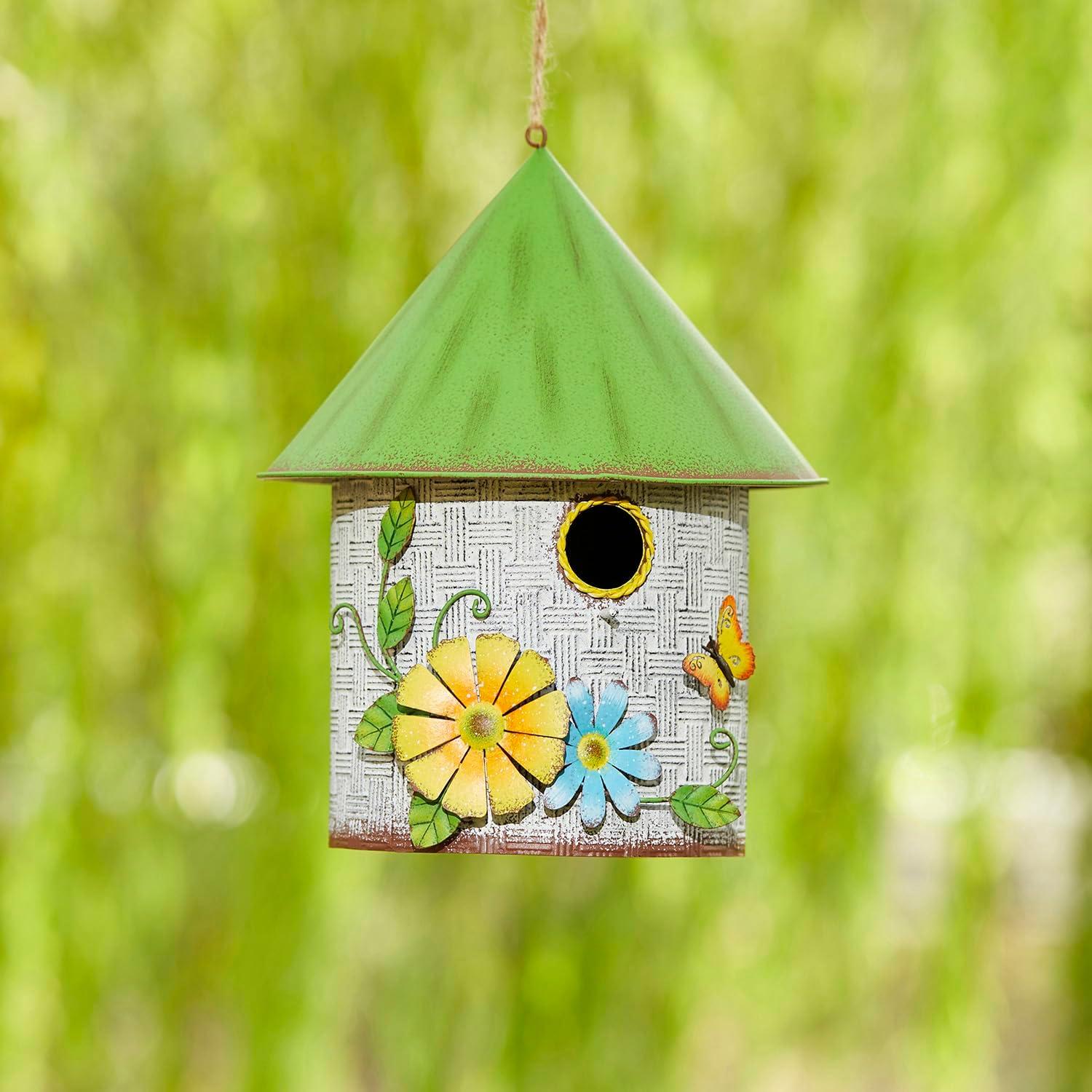 Distressed Metal Cottage Birdhouse with 3D Flowers and Butterfly