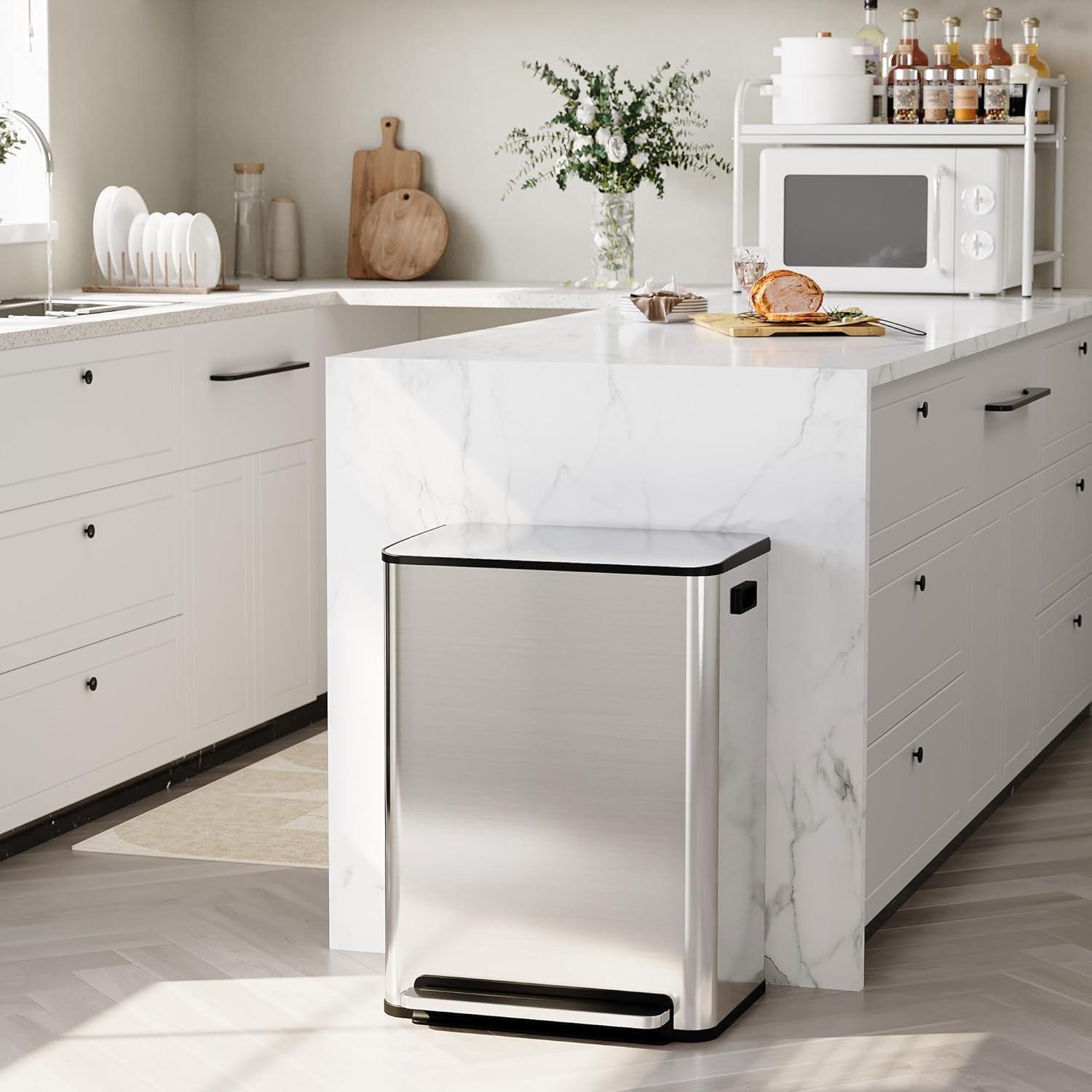 GarveeHome 60L/16 Gal Kitchen Trash Can,2×8 Gal Pedal Trash Bin with Removable Baskets,Stainless Steel Garbage Can for Kitchen Office Restaurant School Hospital