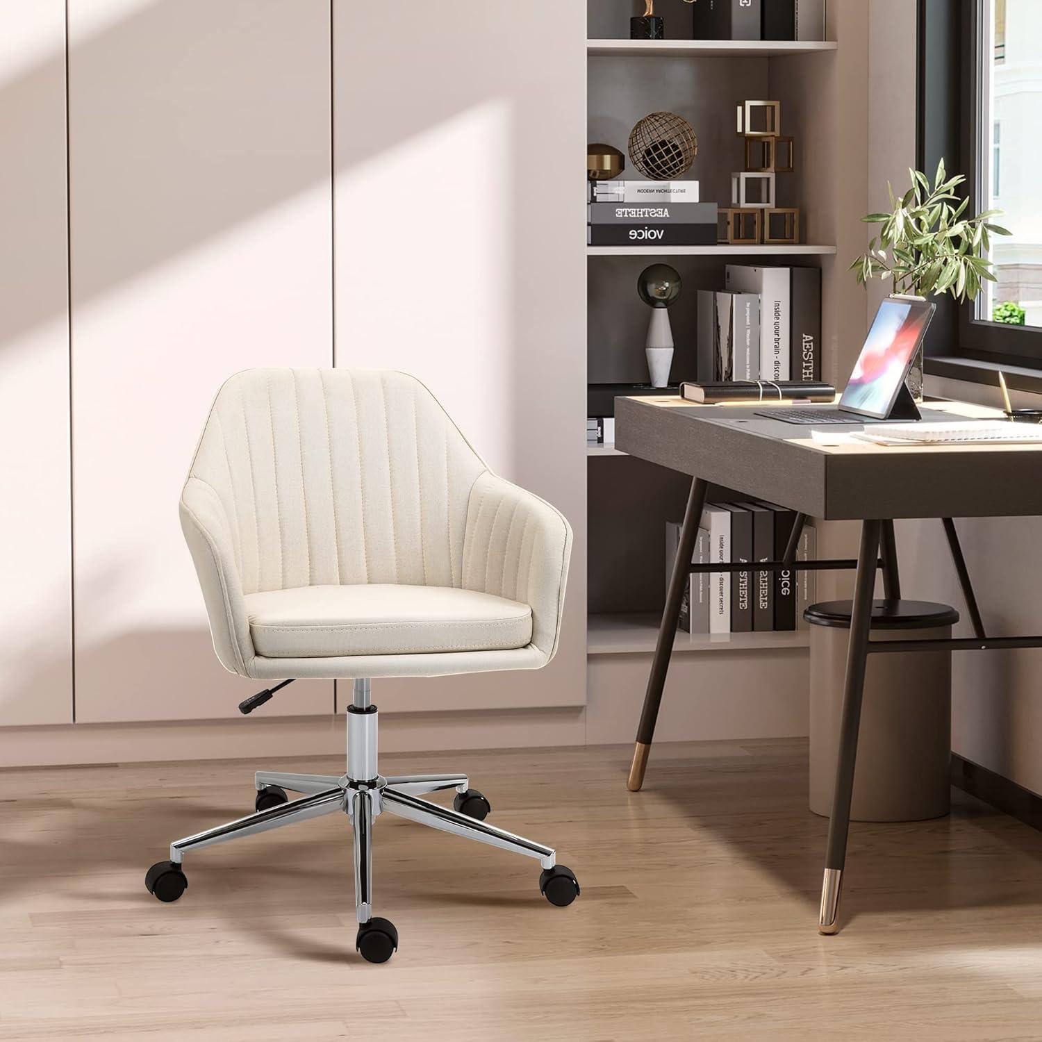 Vinsetto Mid-Back Task Chair, Fabric Home Office Chair, Swivel Desk Chair with Tub Shape Design & Lined Pattern Back for Living Room, Bedroom, Beige