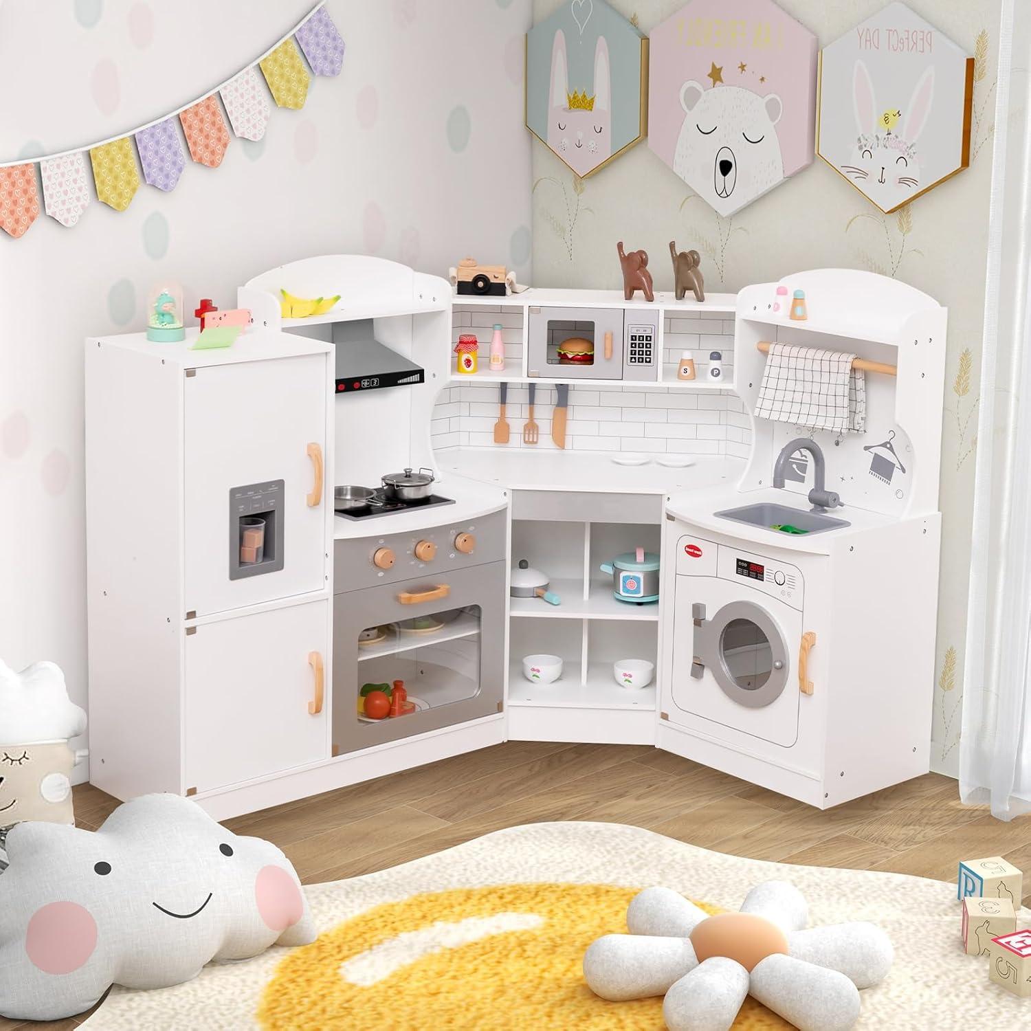 YYAo Kids Kitchen Playset, Pretend Play Kitchen for Toddlers, Toy Kitchen Set, Corner Kids Play Kitchen with Washing Machine and Ice Maker Gift for Boys Girls