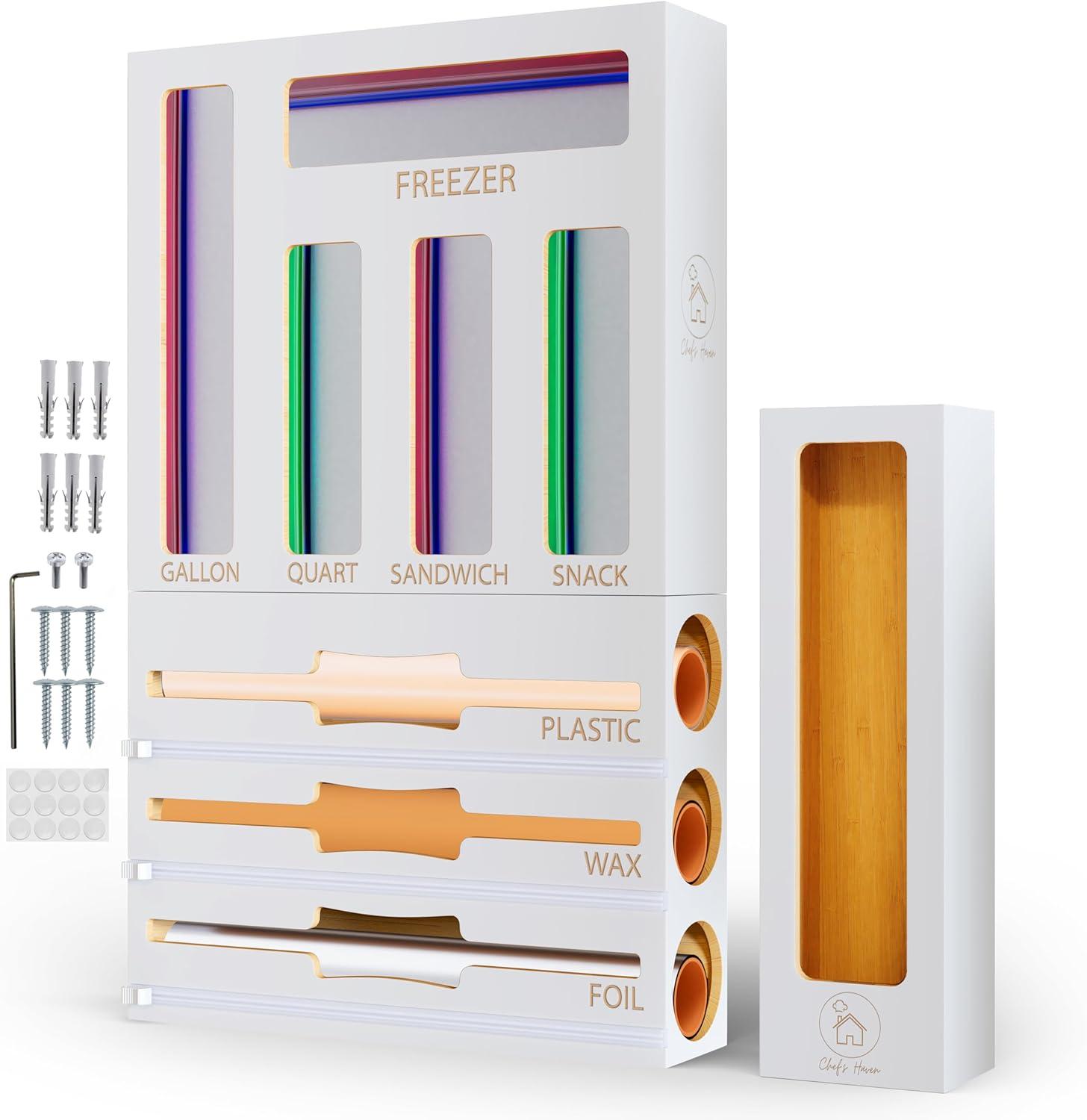 Chef's Haven 9 IN 1 Storage Bag Organizer, Foil and Plastic Wrap Organizer with Cutters, Bamboo Kitchen Baggie for Drawer, Pantry & Countertop, Storage for Gallon, Quart, Sandwich, Snack Bag