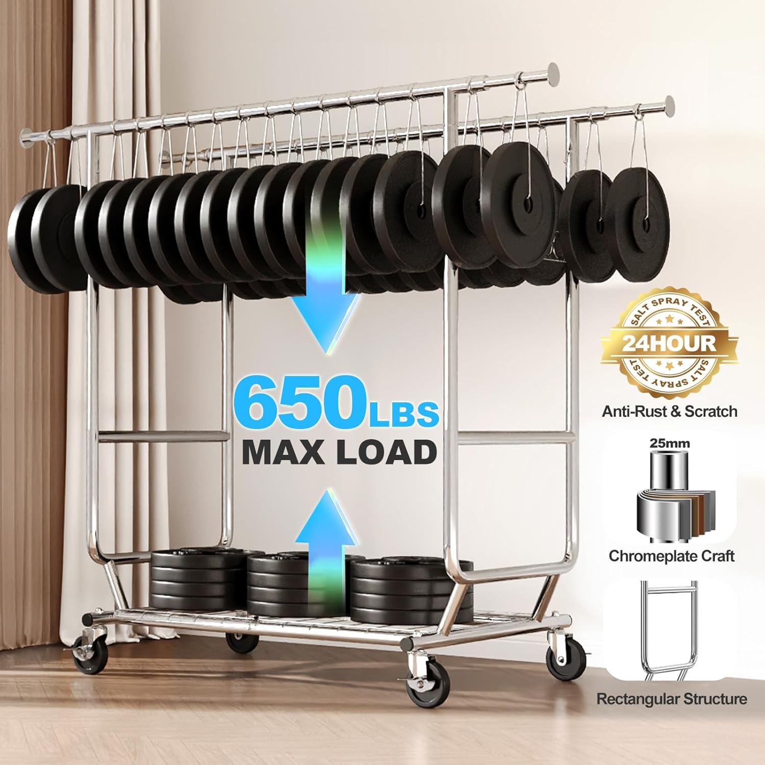 HOKEEPER Double Clothing Garment Rack with Shelves Capacity 600 lbs Clothing Racks on Wheels Rolling Clothes Rack for Hanging Clothes Heavy Duty Portable Collapsible Commercial Garment Rack Chrome
