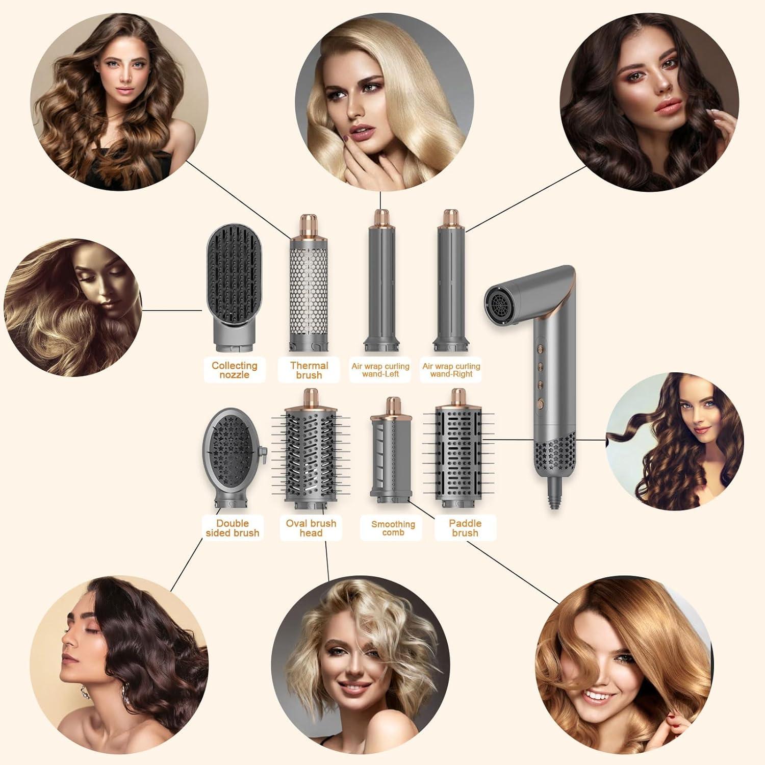 Dryhsip 5-in-1 Foldable Hair Dryer Brush, Ionic Hot Air Styler for Curling/Straightening/Volumizing, 3 Heat/Speed Settings, Travel-Friendly, Gray