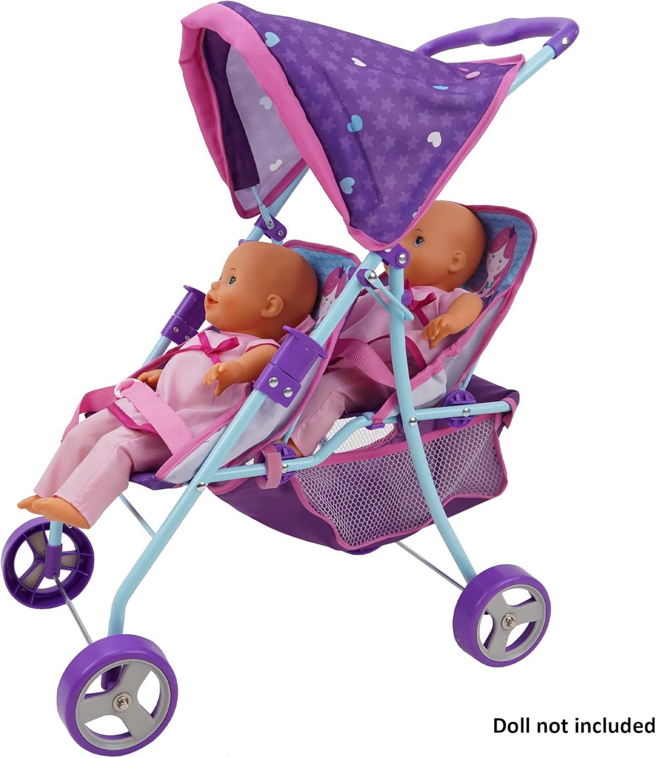 509: Mermaid Twin Doll Stroller W/ Retractable Canopy, 2 Seats