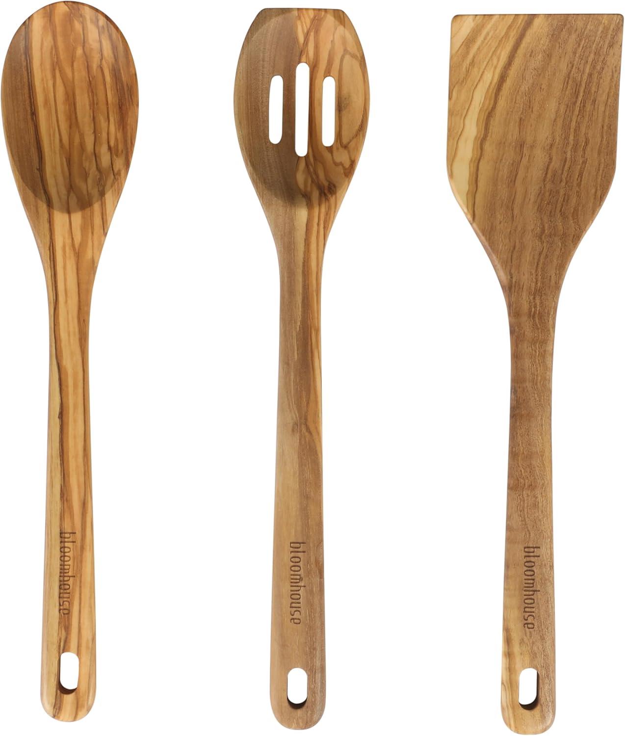 Italian Olive Wood 3 Piece Extra-Large Turner, Spoon, and Slotted Spoon Set