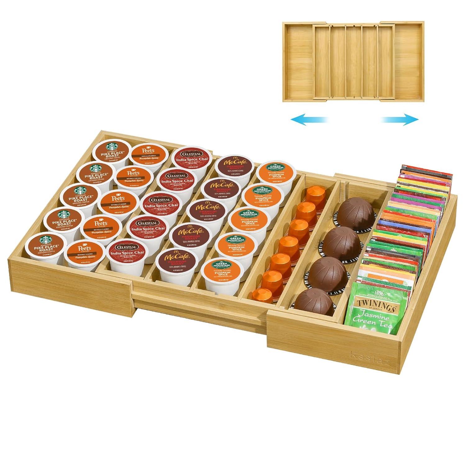 Coffee Pod Holder Drawer, Bamboo K Cup Holder Compatible with Nespresso Vertuo Capsules, 25-45 K Cup Drawer Organizer for Coffee Station Home Office and Kitchen (Bamboo)