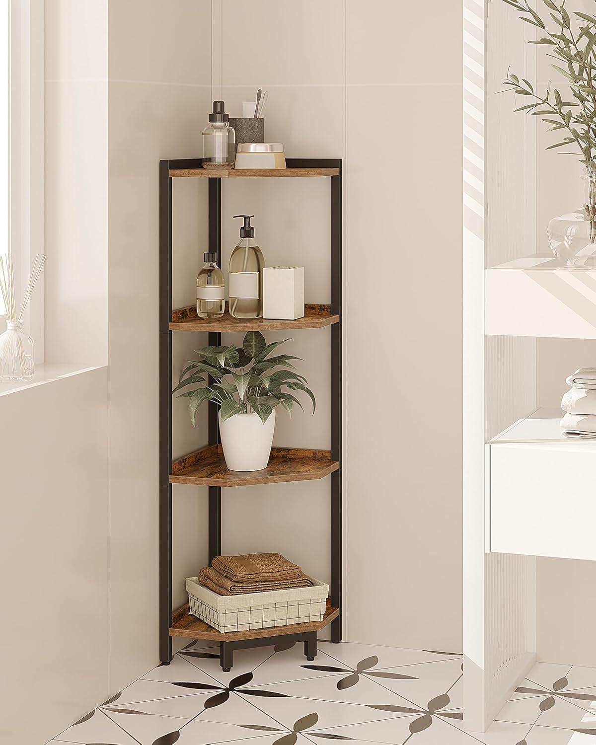 Corner Shelf Stand, Corner Bookshelf, Storage Standing Shelf Unit with Metal Frame, Plant Stand, Corner Bookcase for Living Room, Home Office, Bedroom, 4-Tier Rustic Brown CS05801B