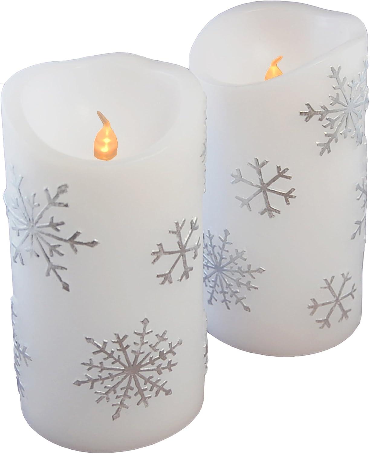 Set of 2 White Snowflake Wax LED Candles