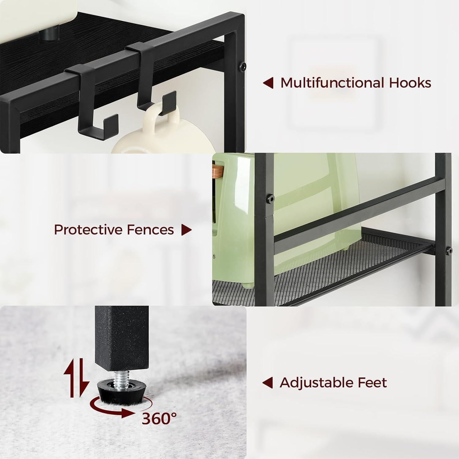 Bakers Rack with Power Outlet, Microwave Stand with Hooks, Multifunctional Storage Rack, Coffee Bar with Enclosure, Kitchen Storage Shelf, for Kitchen, Dining Room, Black BRHB40E01