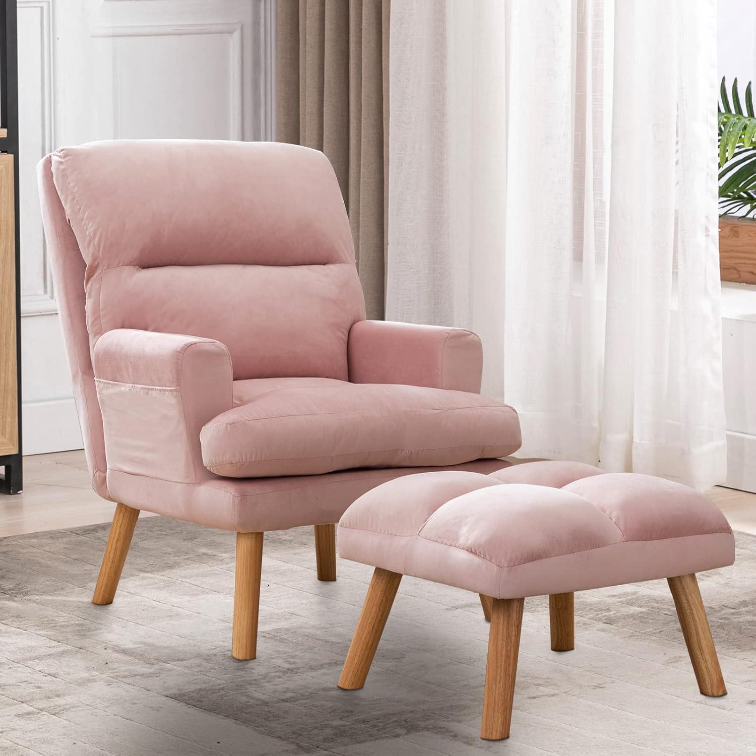 Bonzy home Accent Chair with Ottoman, Adjustable Backrest Seat,Velvet Fabric Chair for All Age,Pink