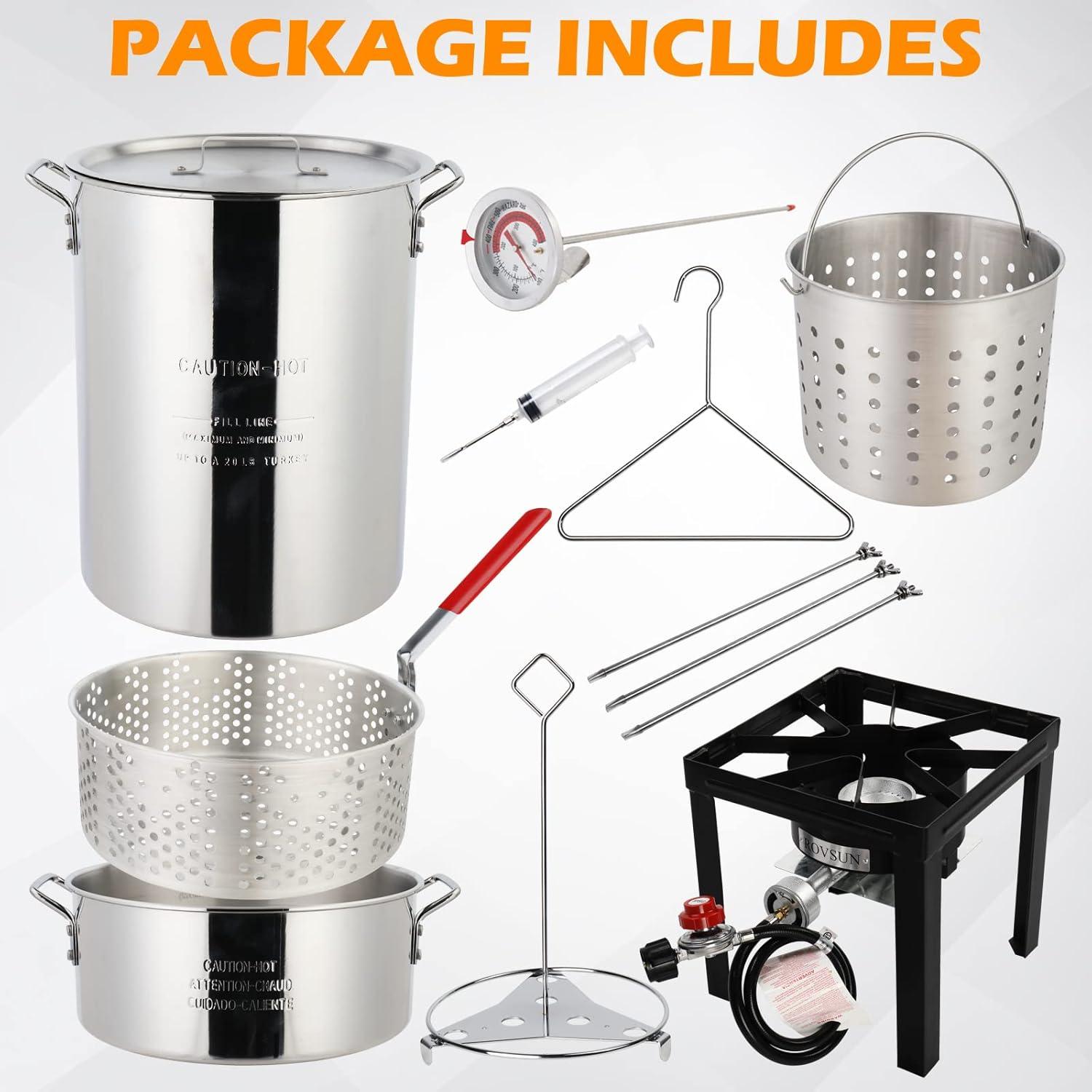 ROVSUN 30QT Turkey Fryer & 10QT Fish Fryer Kit w/ 55,000BTU Propane Stove, Aluminum Outdoor Deep Fryer & Seafood Boiler Steamer w/Baskets, Thermometer, Marinade Injector, Turkey Rack & Rack Lifter