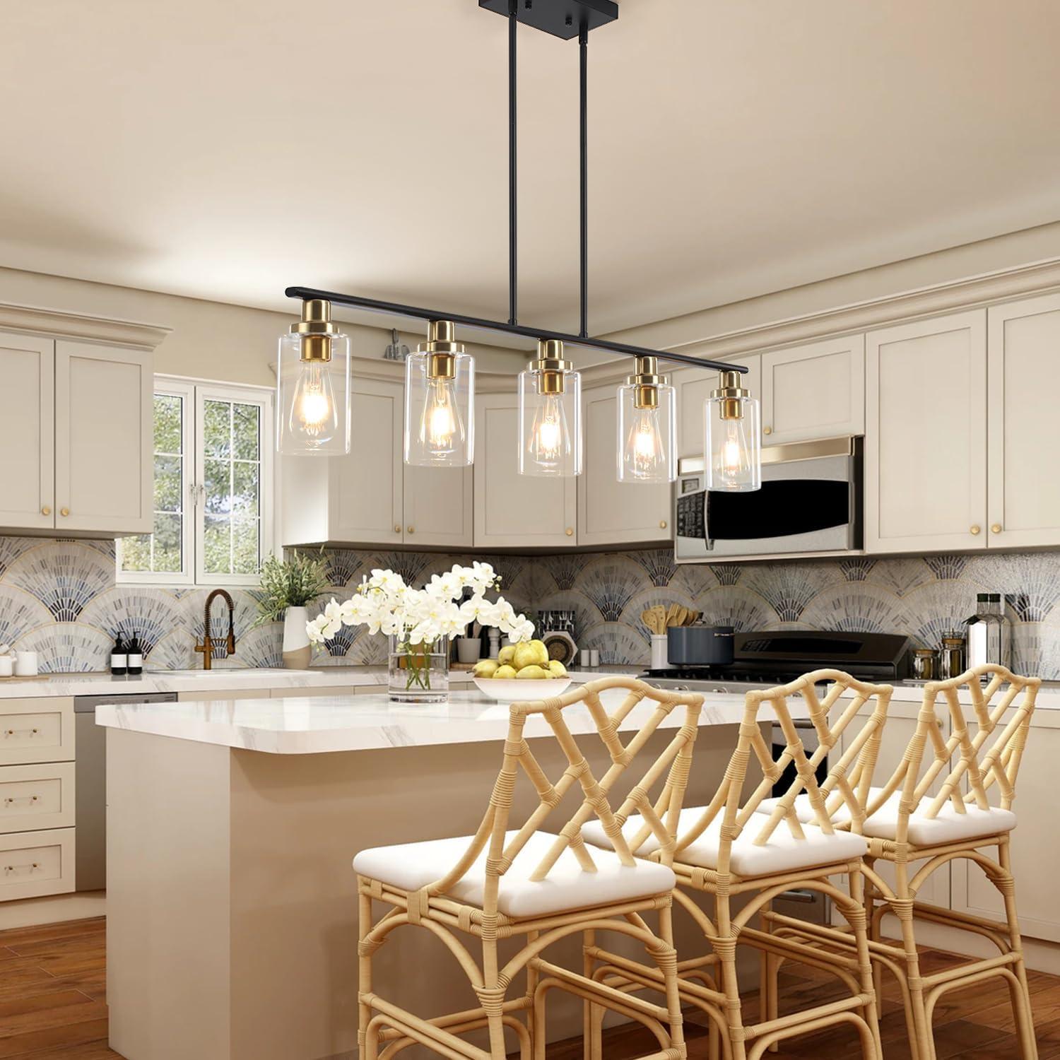 Island Light for Kitchen, 5 Lights Dining Room Lights Fixture with Clear Glass Shade, Matte Black and Gold Finish Pendant Lighting Over Table - ETL Listed