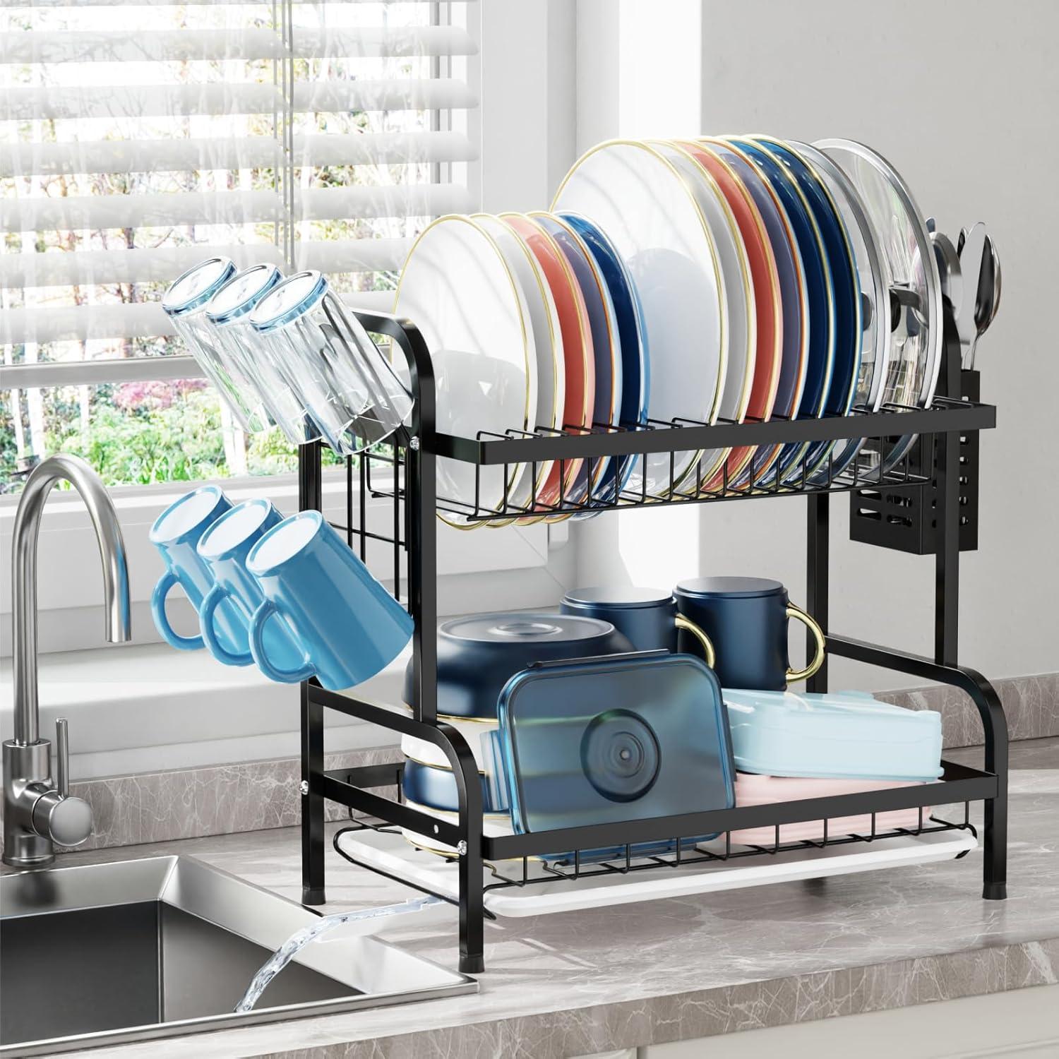 2 Tier Dish Drying Rack for Kitchen Counter，Stainless Steel Large Capacity Dish Rack with Detachable Dish Drainer Organizer，Utensil Holder and Drain Board