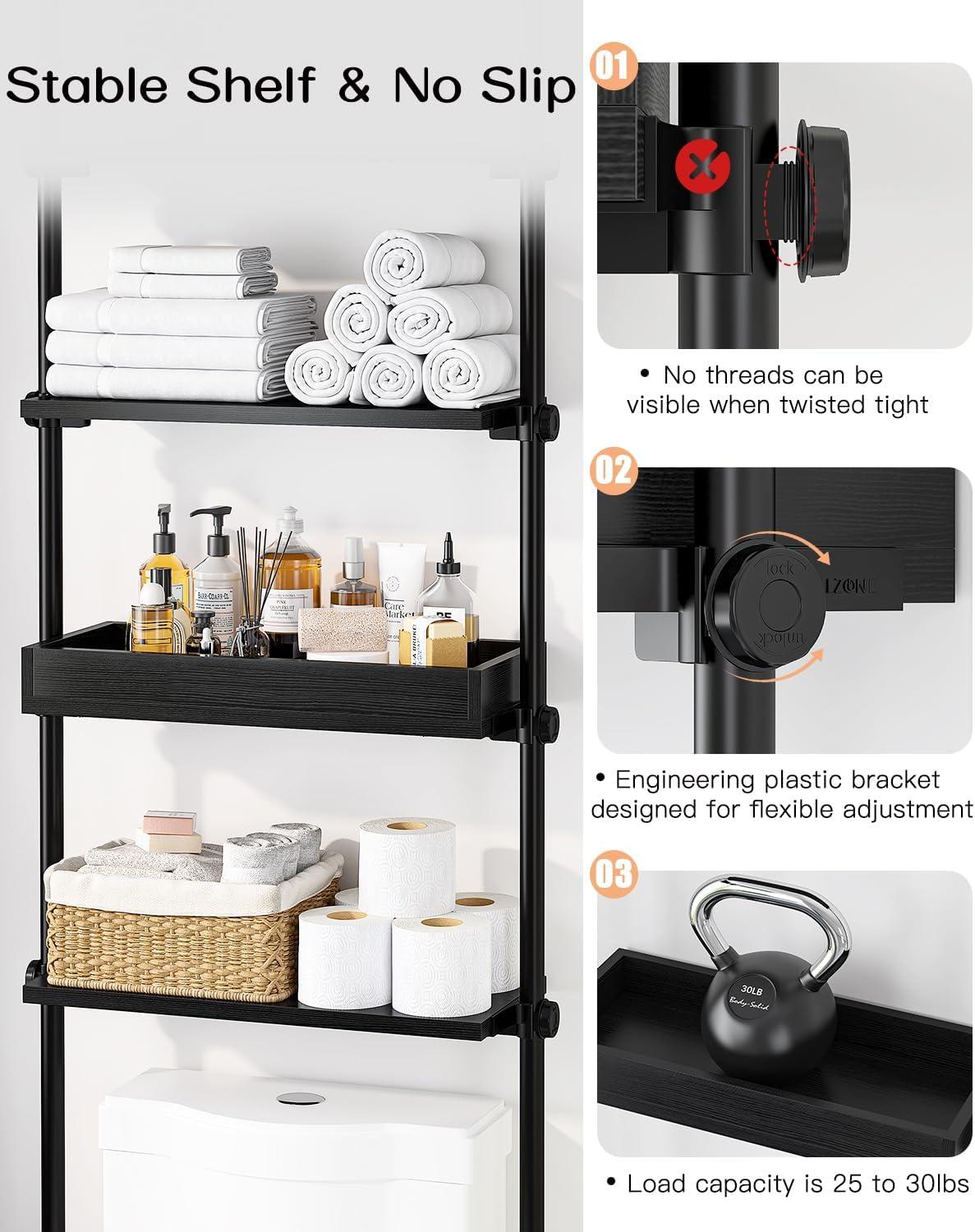 Adjustable Black Wood Over-the-Toilet Storage Shelf